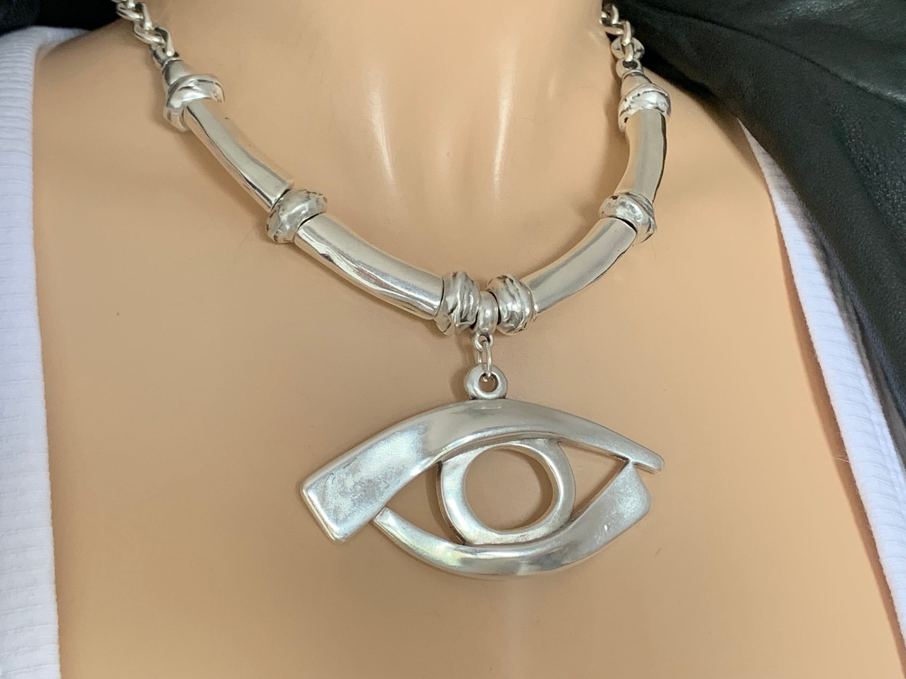 Statement protector eye pendant, chunky silver heavy chain necklace, big pendant silver chain necklace, solid necklace, chunky silver choker