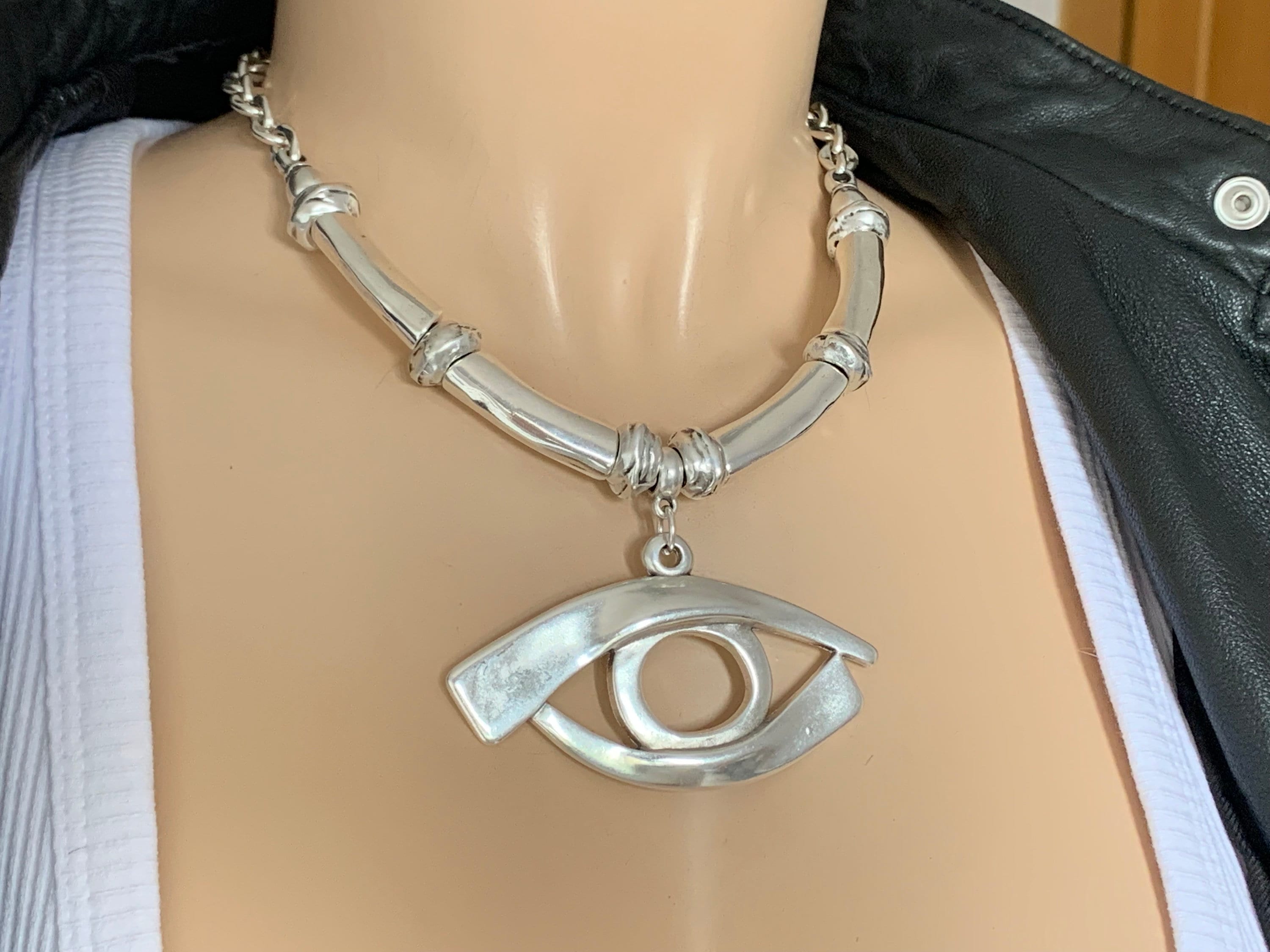 Statement protector eye pendant, chunky silver heavy chain necklace, big pendant silver chain necklace, solid necklace, chunky silver choker