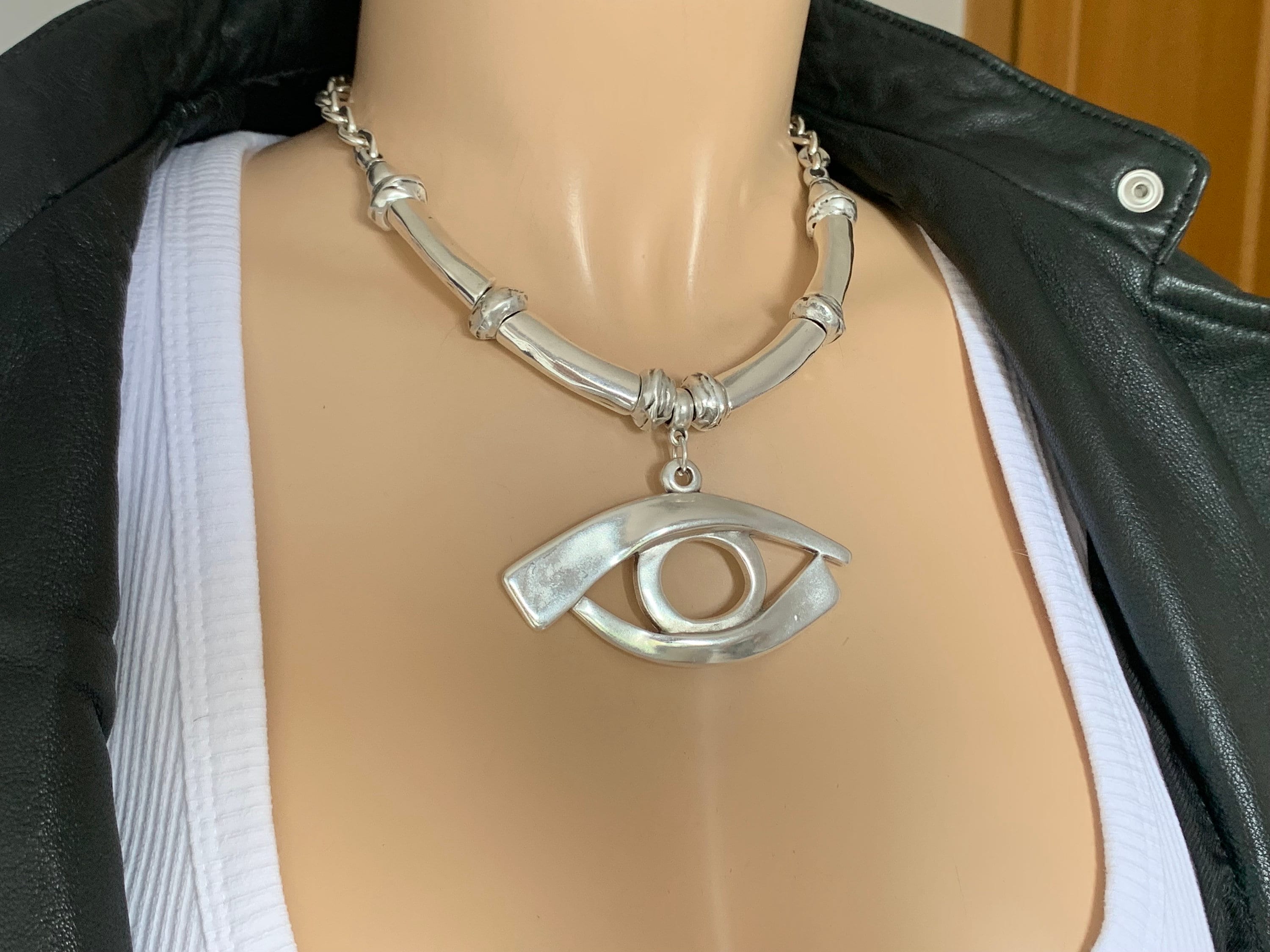 Colgante de ojo protector de declaración, collar de cadena pesada de plata gruesa, collar de cadena de plata colgante grande, collar sólido, gargantilla de plata gruesa