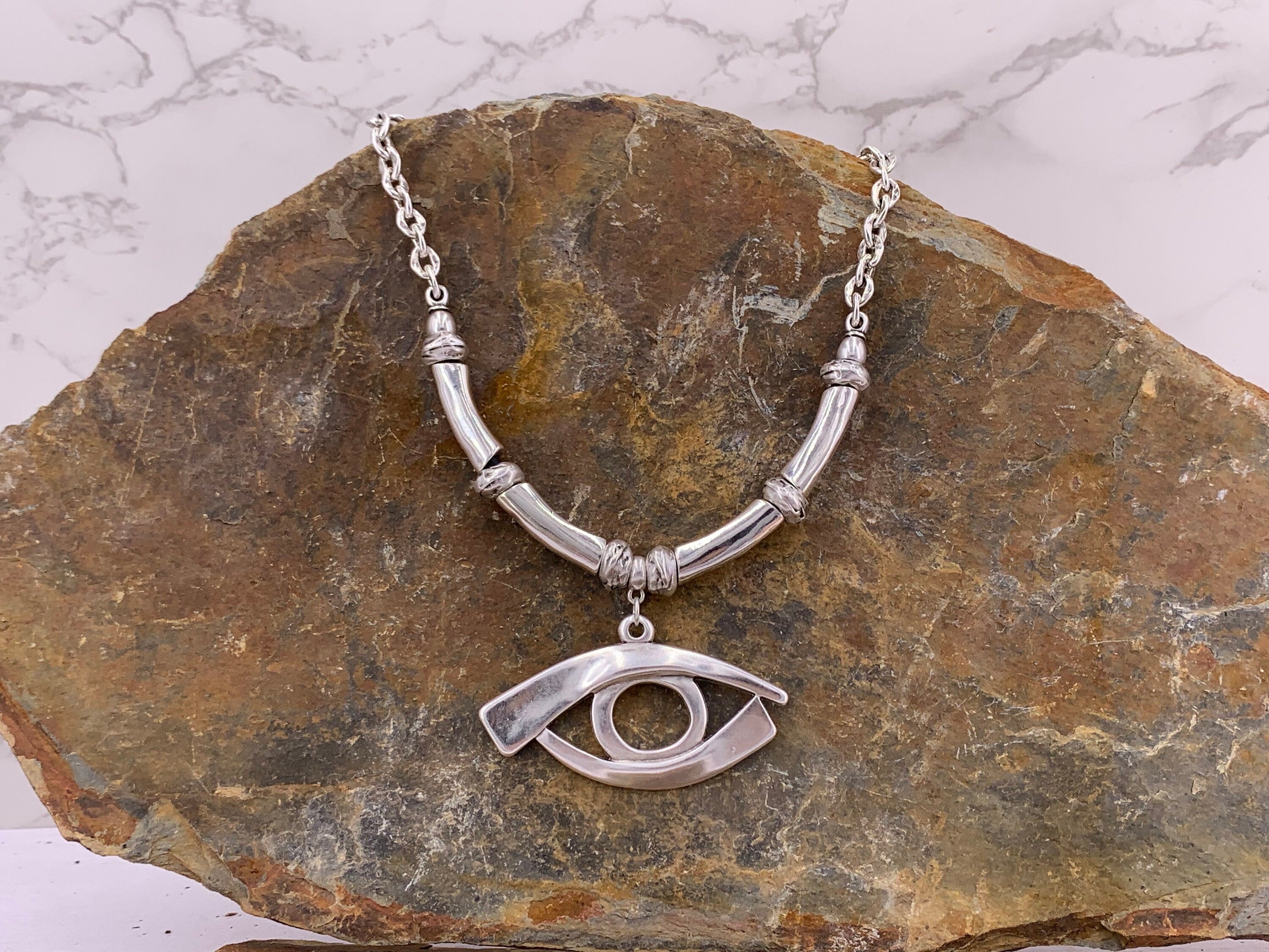 Statement protector eye pendant, chunky silver heavy chain necklace, big pendant silver chain necklace, solid necklace, chunky silver choker