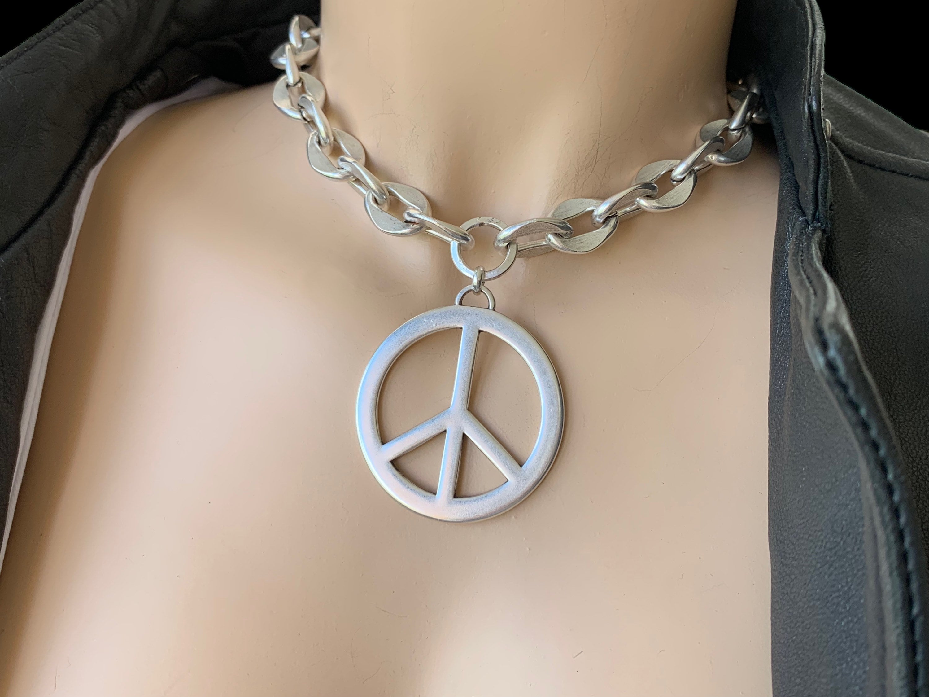 Chunky silver necklace, statement pendant necklace, silver chain necklace, bold chain necklace, peace pendant necklace, rolo chain necklace