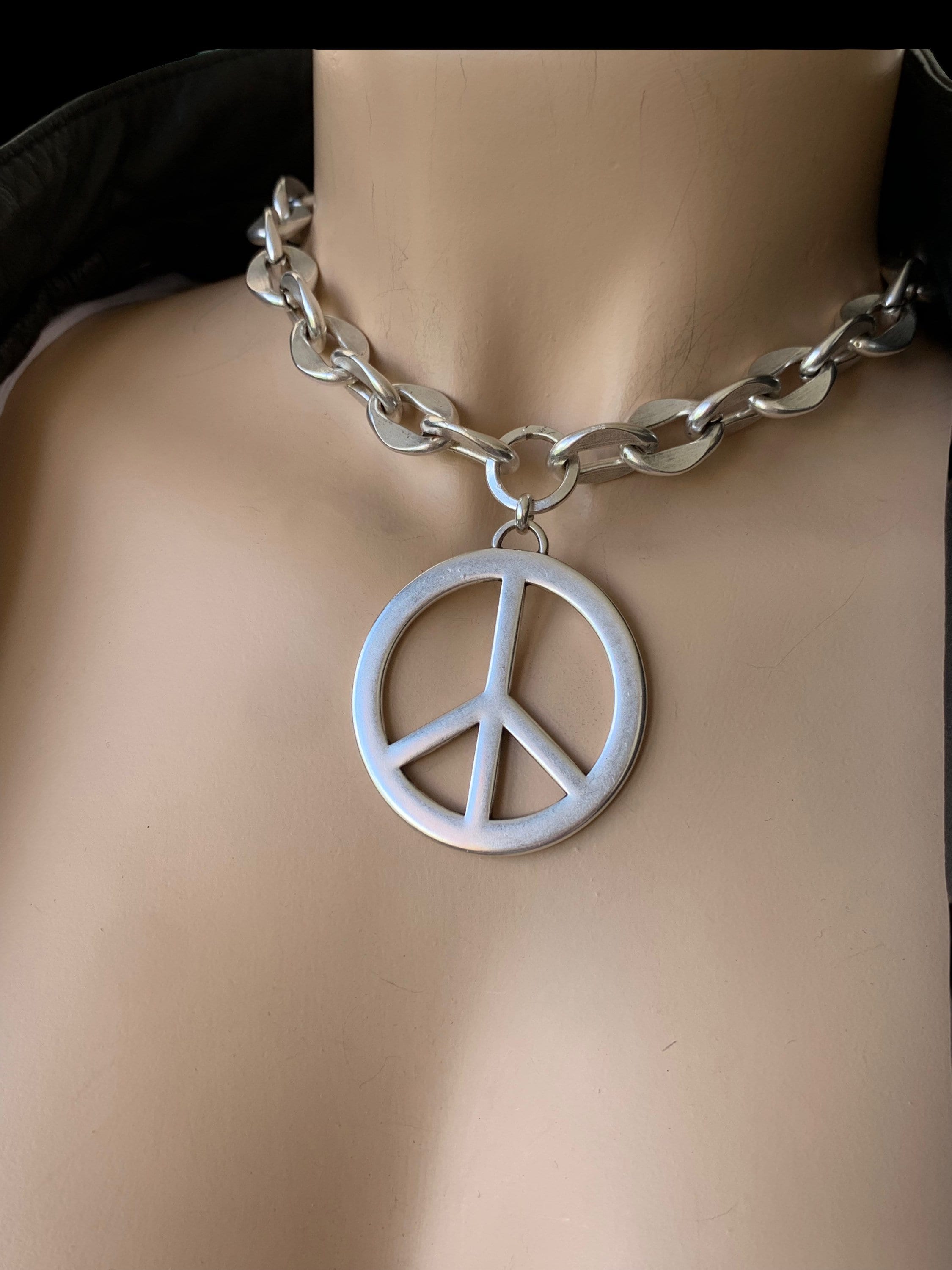 Chunky silver necklace, statement pendant necklace, silver chain necklace, bold chain necklace, peace pendant necklace, rolo chain necklace