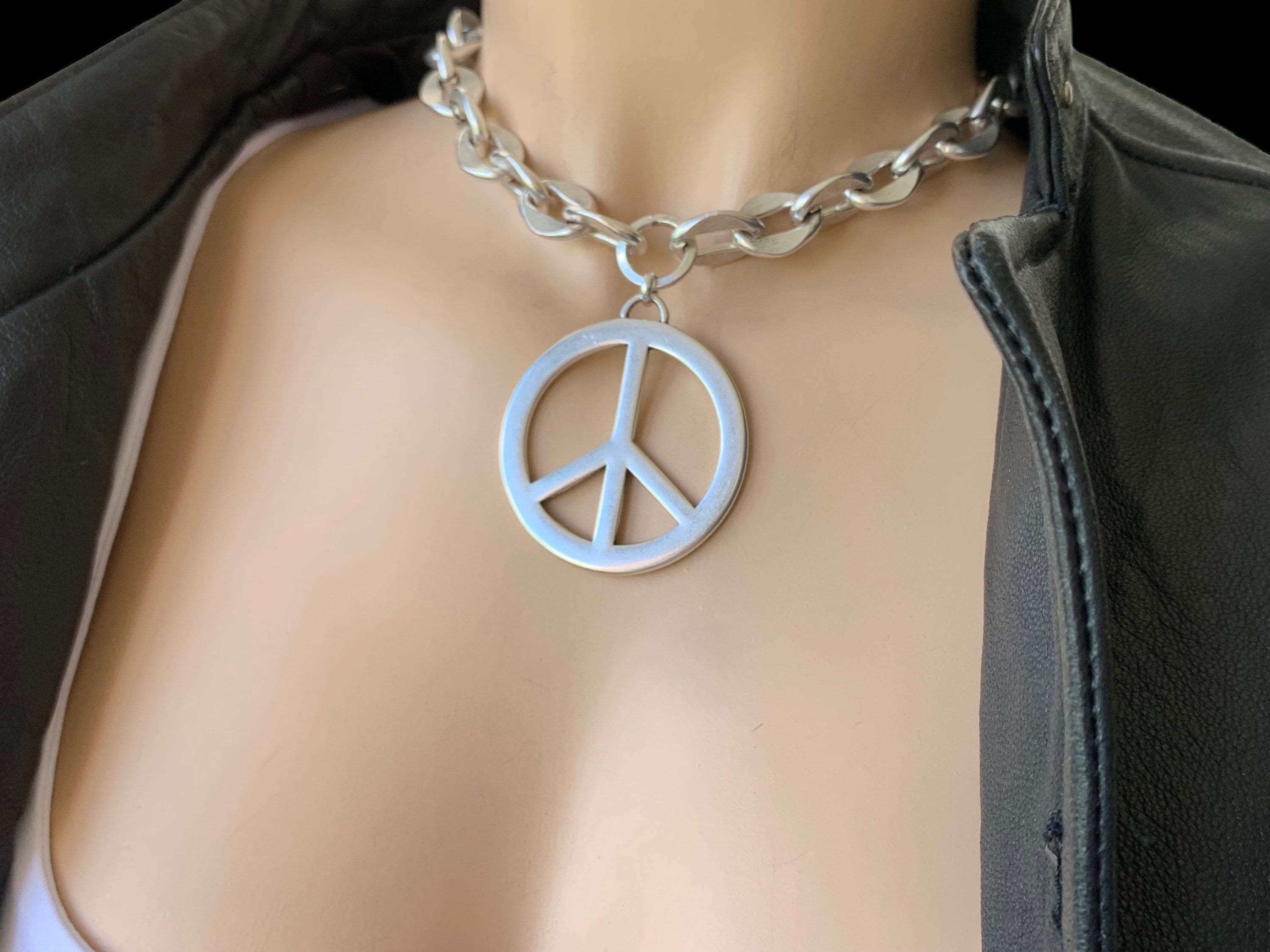 Chunky silver necklace, statement pendant necklace, silver chain necklace, bold chain necklace, peace pendant necklace, rolo chain necklace