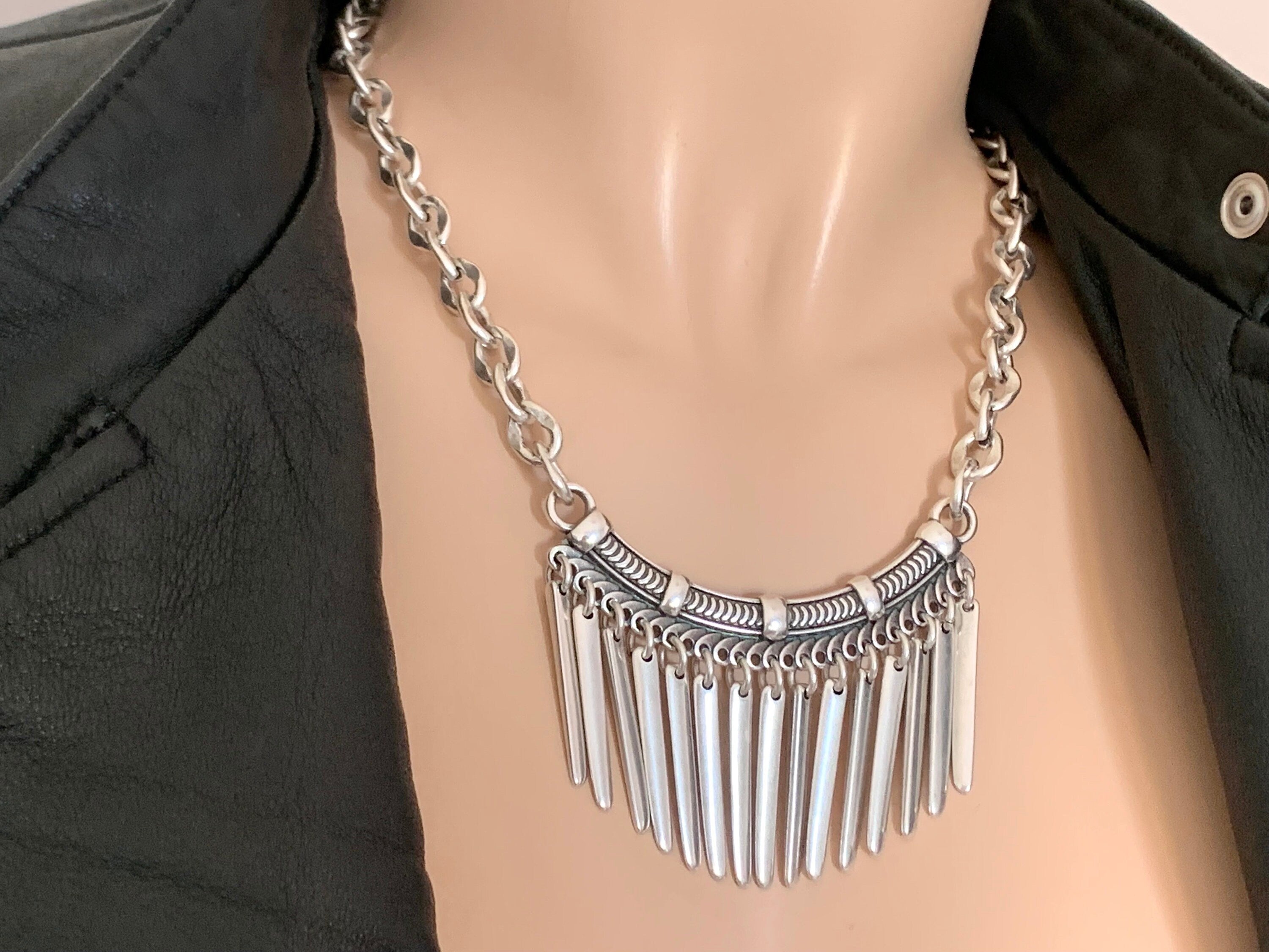 silver bib necklace, tribal necklace, statement necklace, chunky necklace, stunning necklace, ethnic necklace, spikes necklace, silver