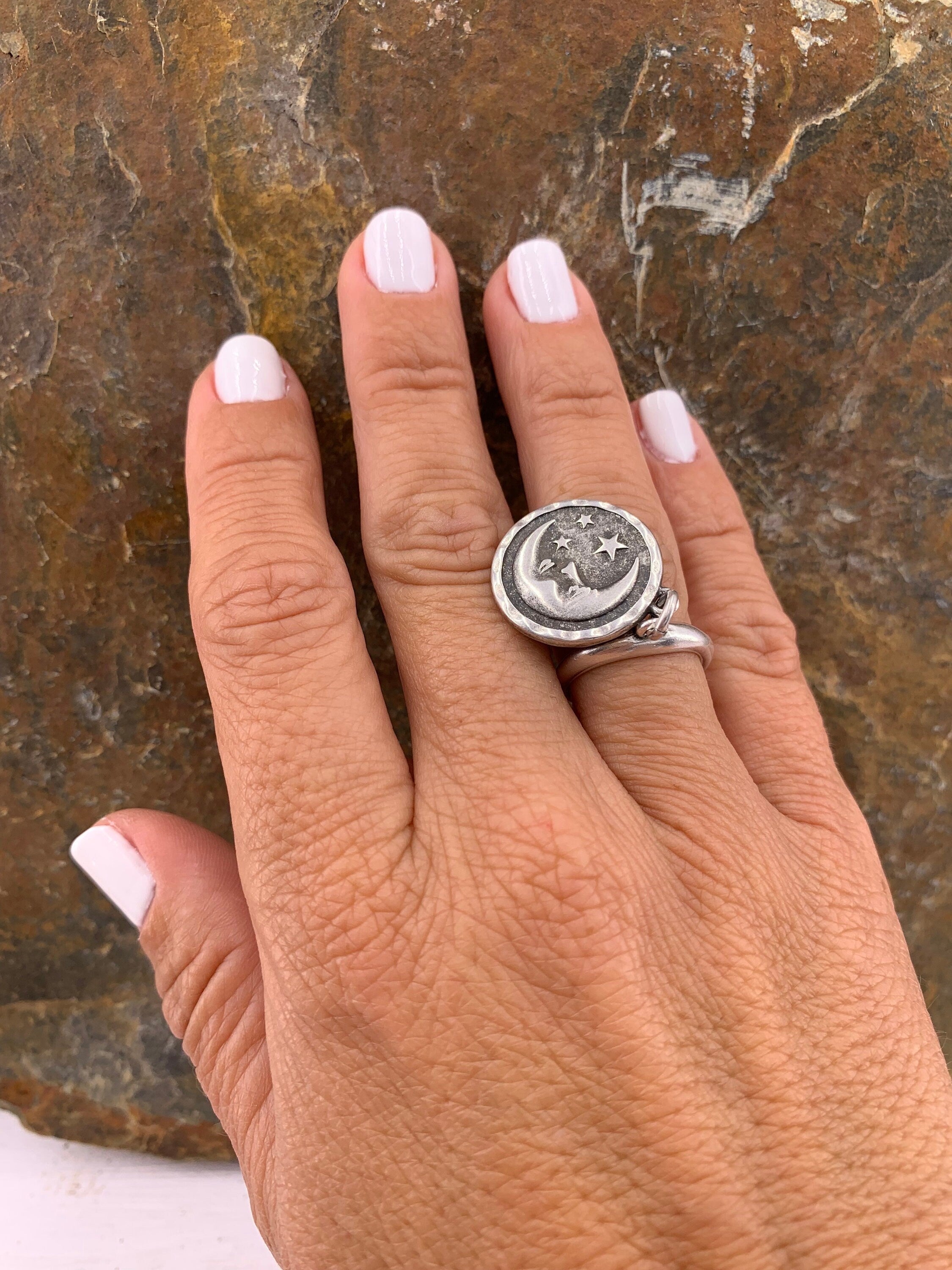 original ring with pendant coin, statement ring, silver ring for women, rock style ring, chunky ring, gift for her, symbol ring,