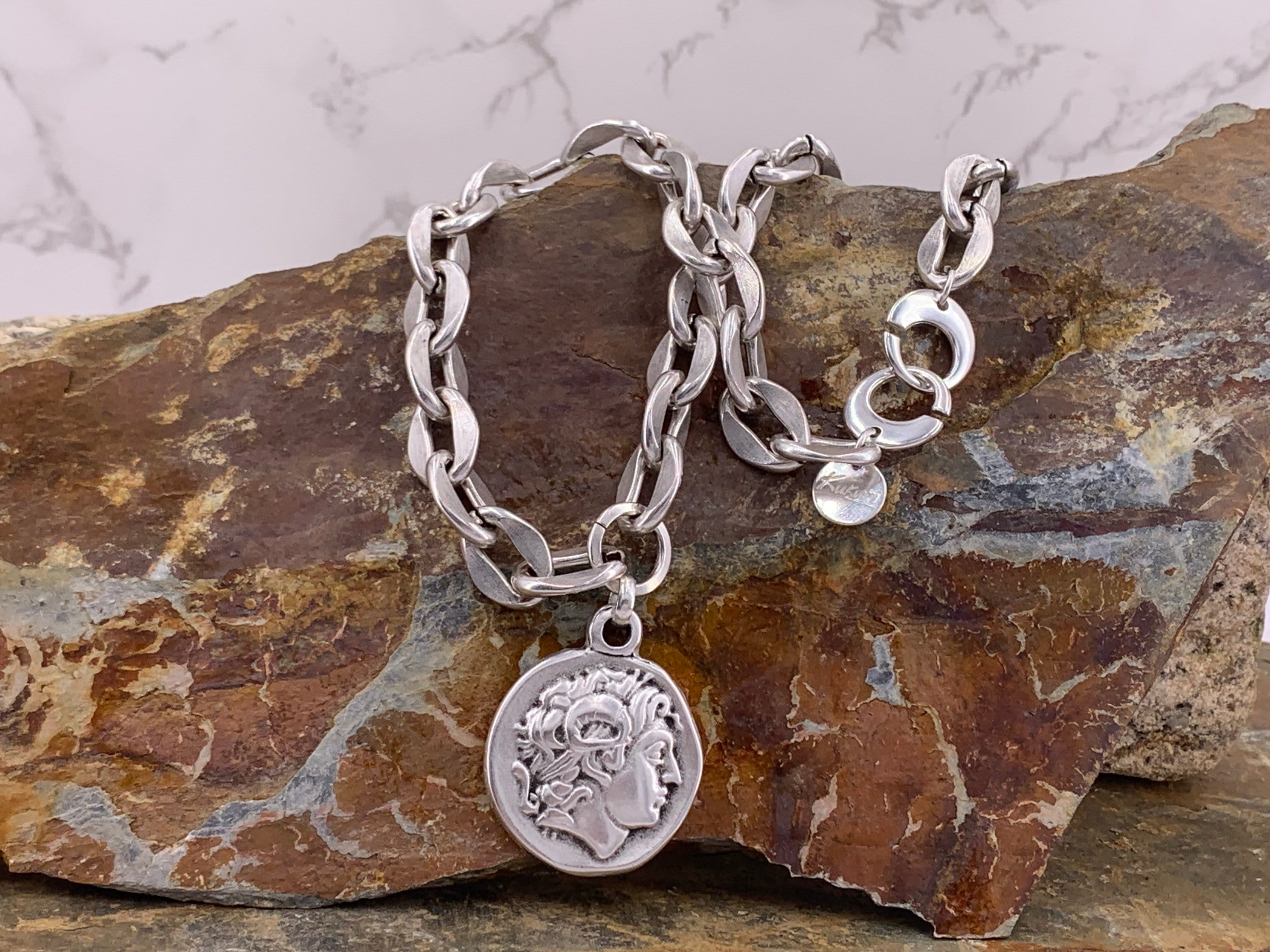 Big coin pendant chunky, silver heavy chain necklace, statement coin pendant chunky silver necklace, solid necklace, coin silver choker