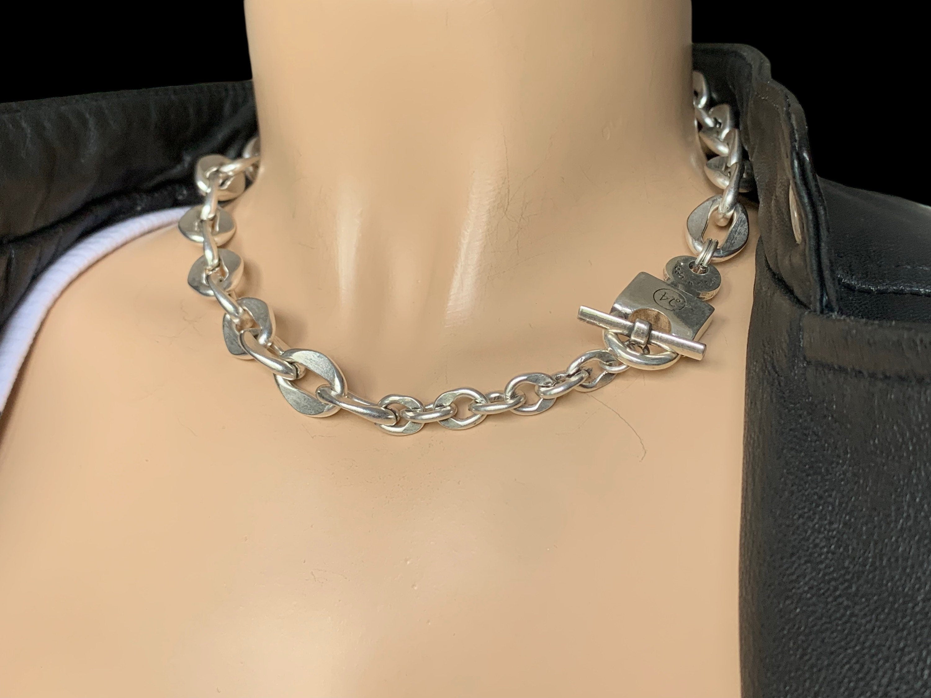 Thick chain silver choker , statement choker, silver chain statement necklace, chunky necklace, key and padlock necklace ,