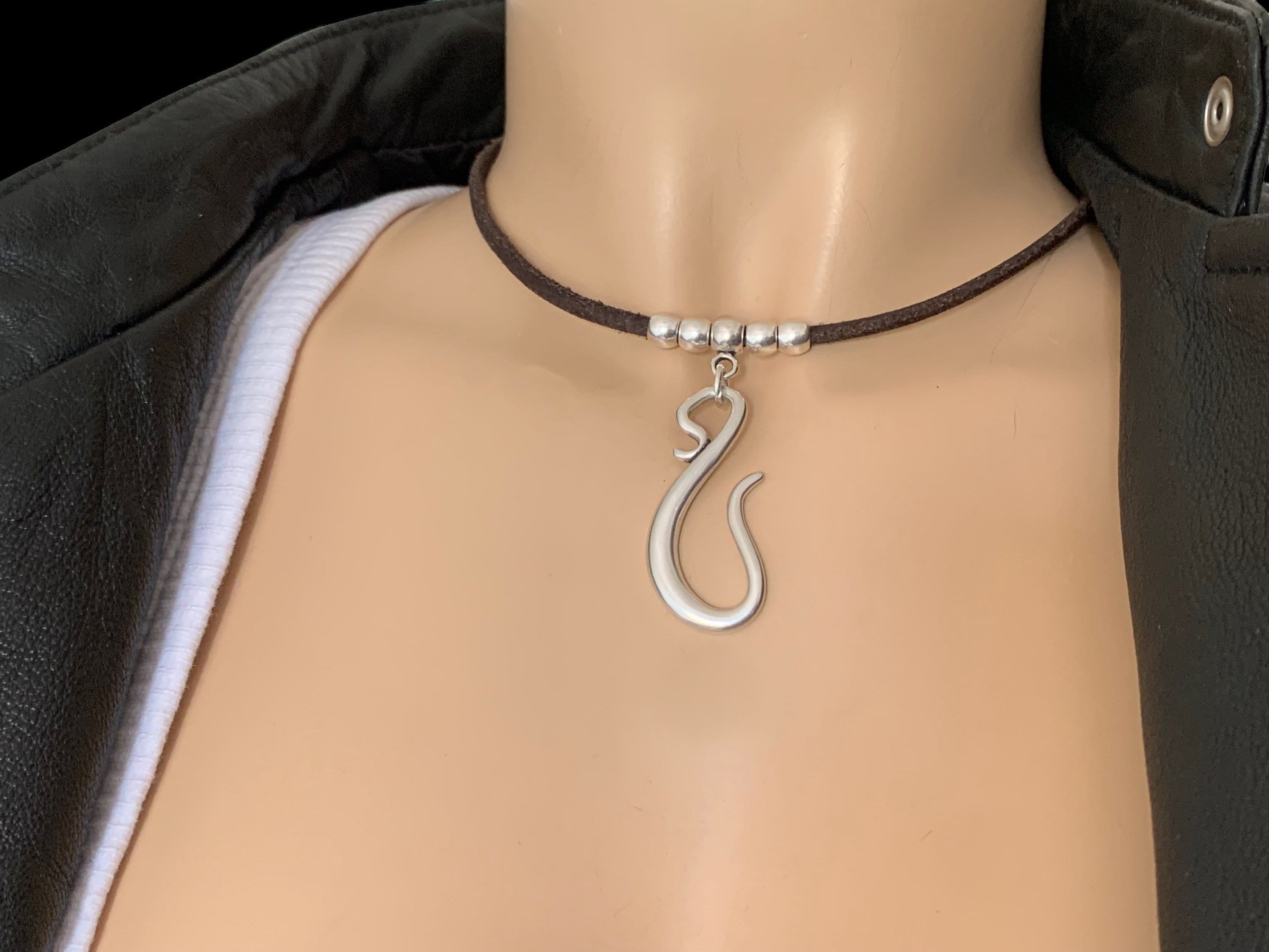 Leather silver pendant choker, Snake Pendant necklace, minimalist silver choker, boho choker, minimalist cord choker, silver beaded choker