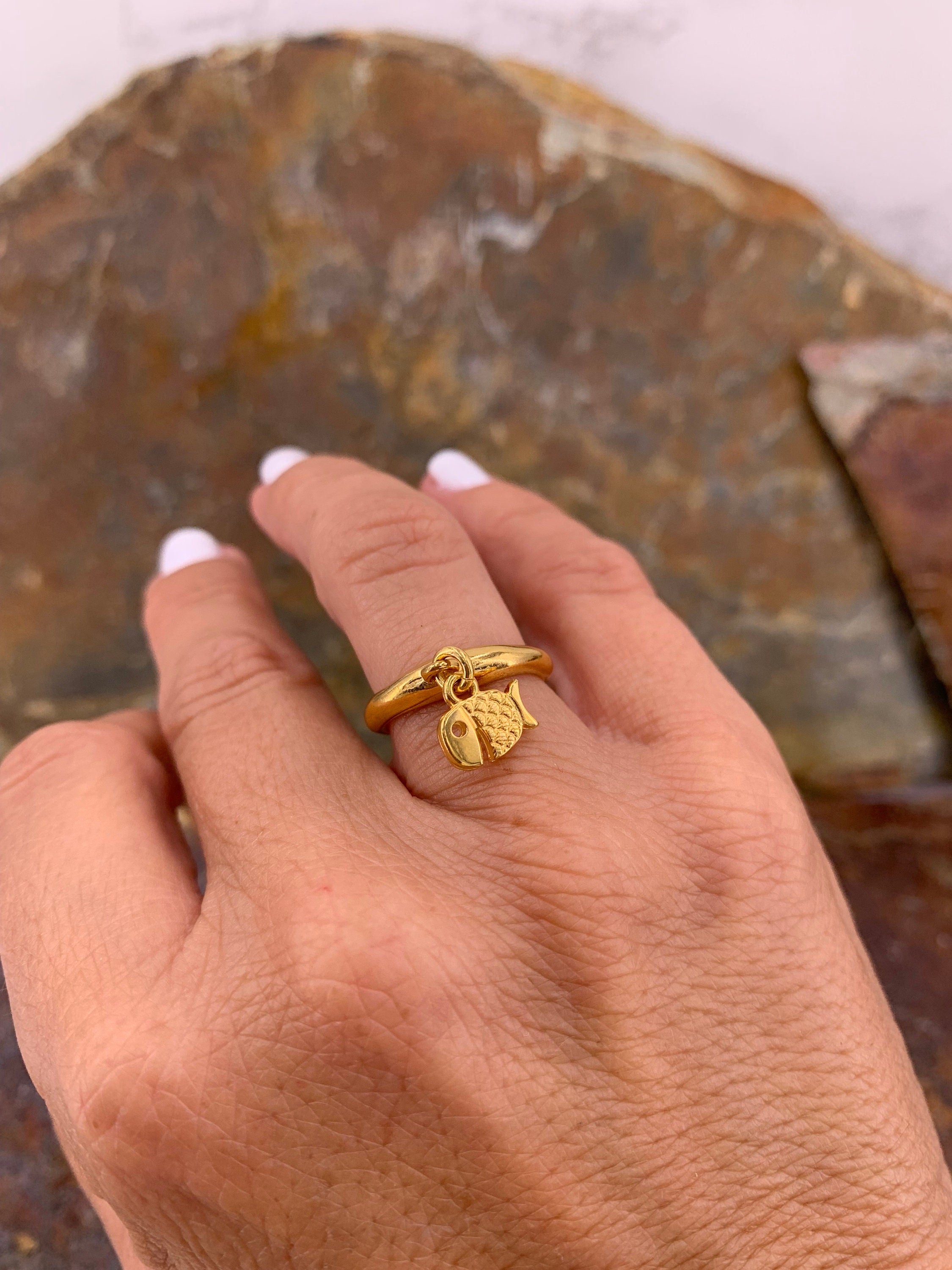 Pampille ring, ring with charm, Pendant ring, boho fish ring, boho gold ring, fish ring, statement ring, bohemian ring,  style