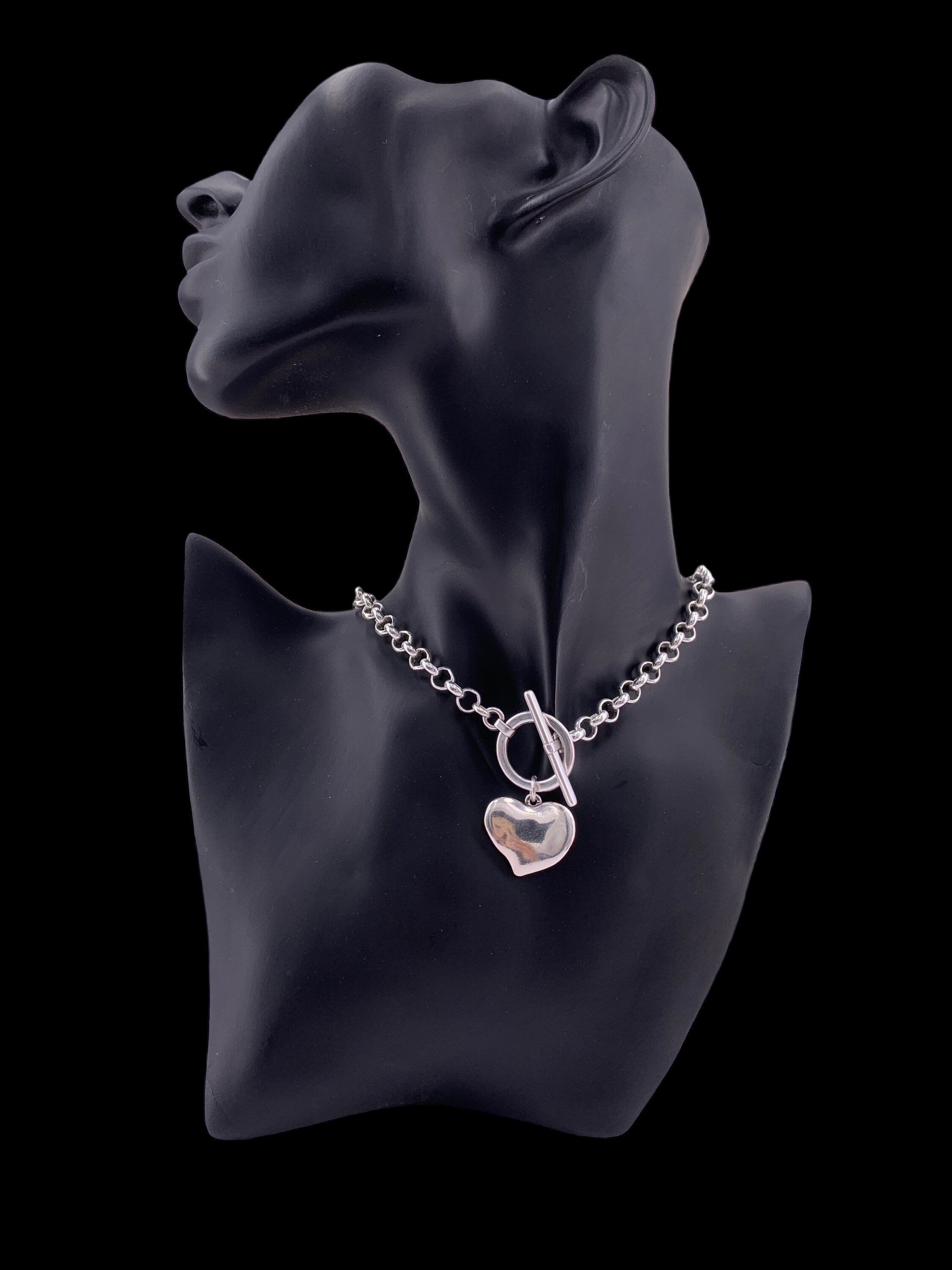 collar de plata grueso para mujer, collar de cadena de plata con cierre de palanca, gargantilla de corazón, collar de cadena rolo, collar de cierre T, colgante de corazón