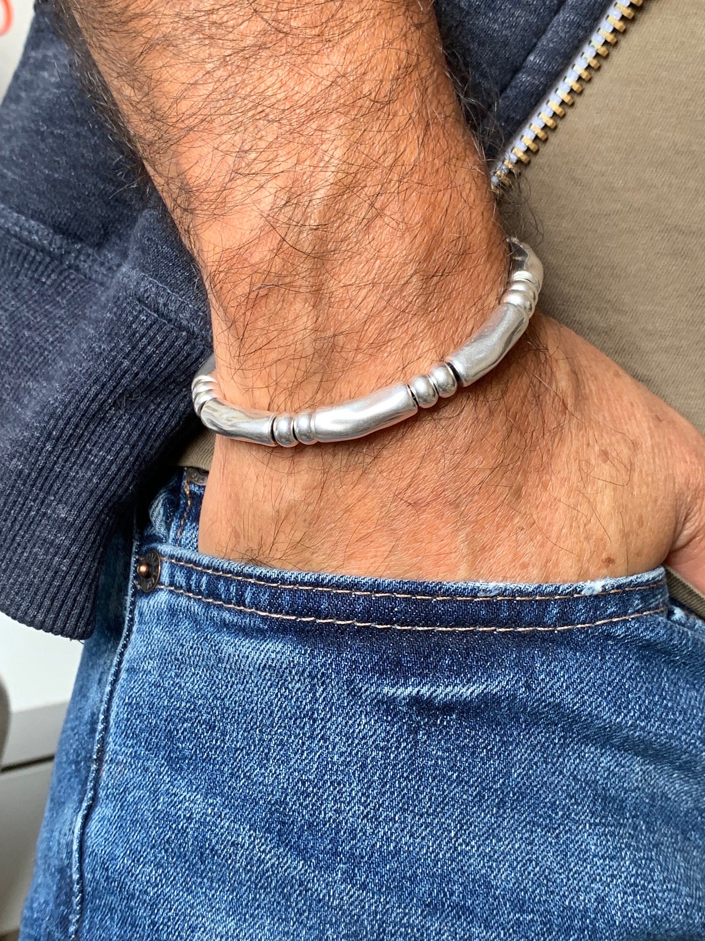 Pulsera gruesa para hombre, pulsera de plata, pulsera de cuentas de plata, pulsera de surf, pulsera de rock, pulsera masculina