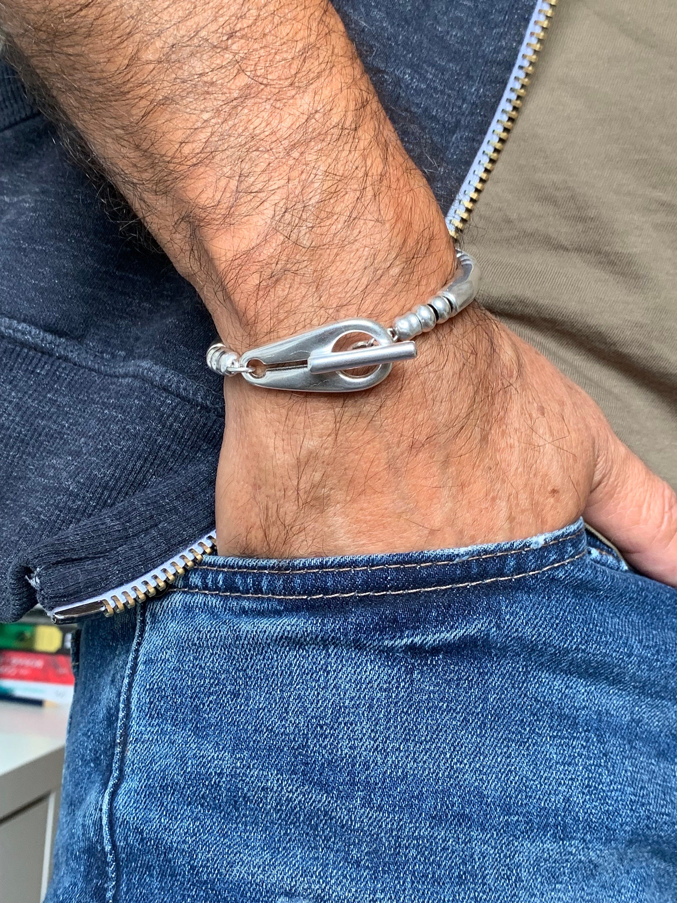 Pulsera gruesa para hombre, pulsera de plata, pulsera de cuentas de plata, pulsera de surf, pulsera de rock, pulsera masculina