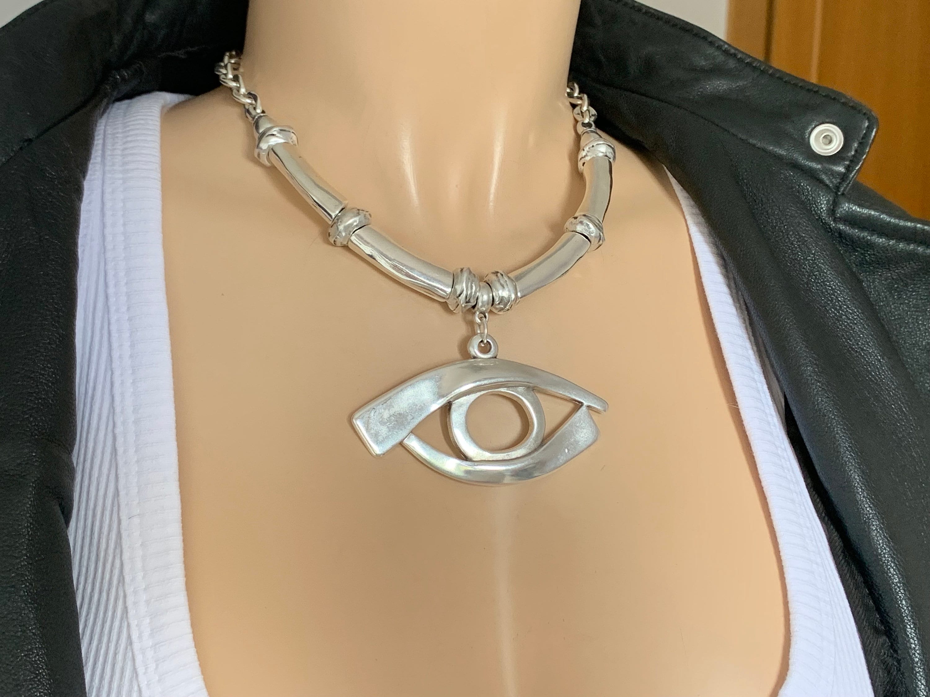 Colgante de ojo protector de declaración, collar de cadena pesada de plata gruesa, collar de cadena de plata colgante grande, collar sólido, gargantilla de plata gruesa