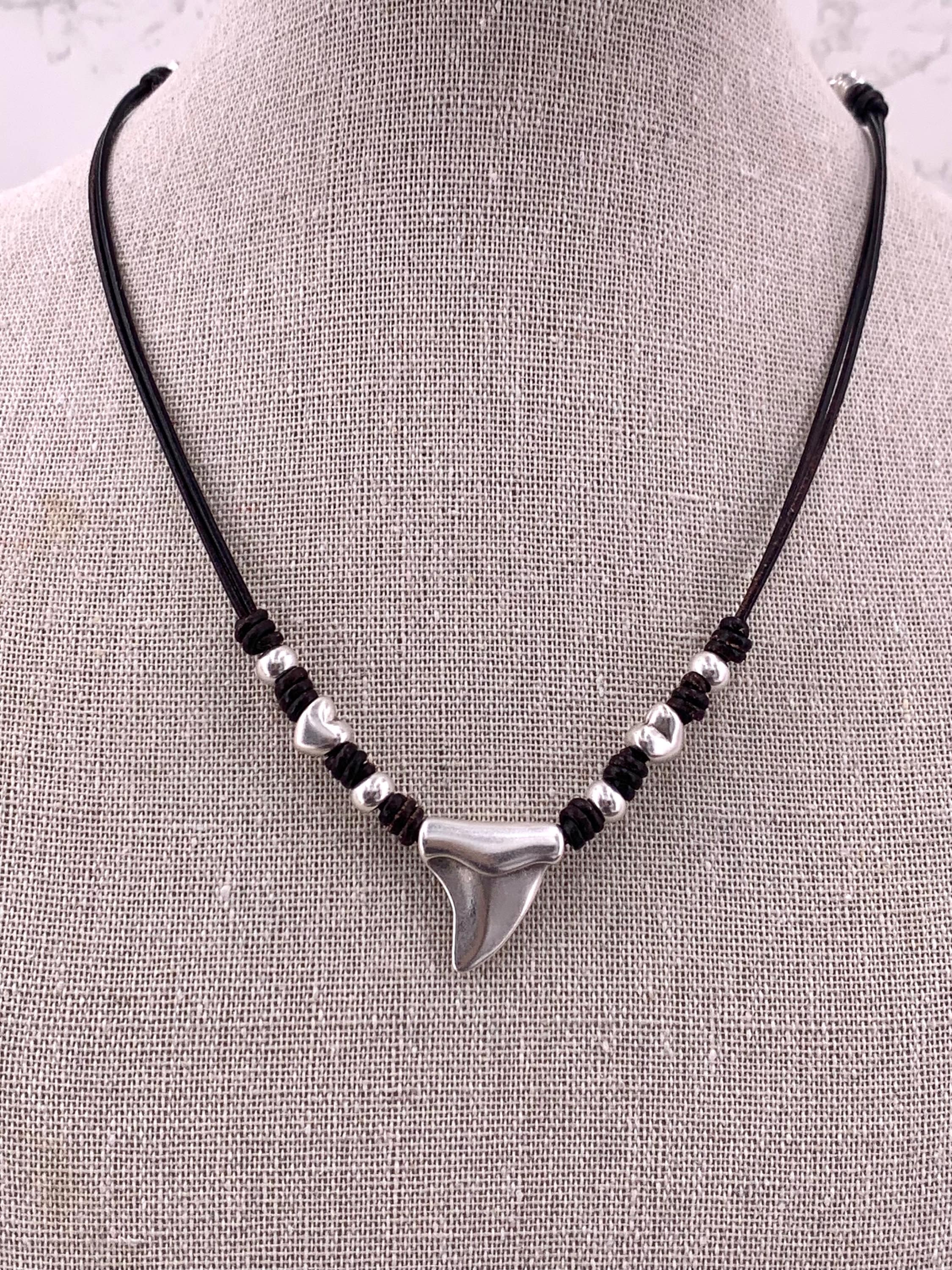 Bohemian leather necklace, pendant necklace, shark tooth necklace, silver beaded necklace, tribal necklace, summertime necklace,