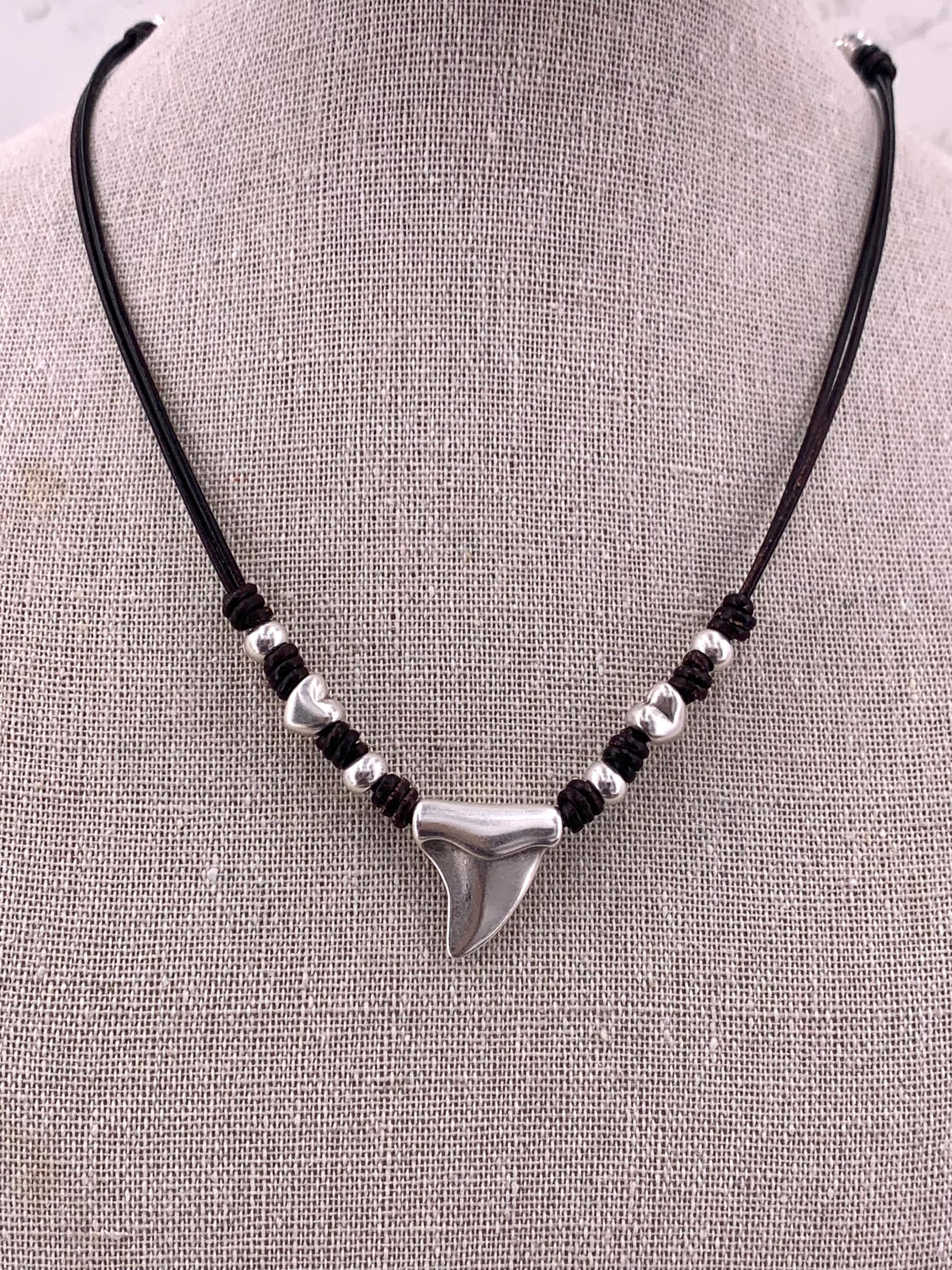 Bohemian leather necklace, pendant necklace, shark tooth necklace, silver beaded necklace, tribal necklace, summertime necklace,