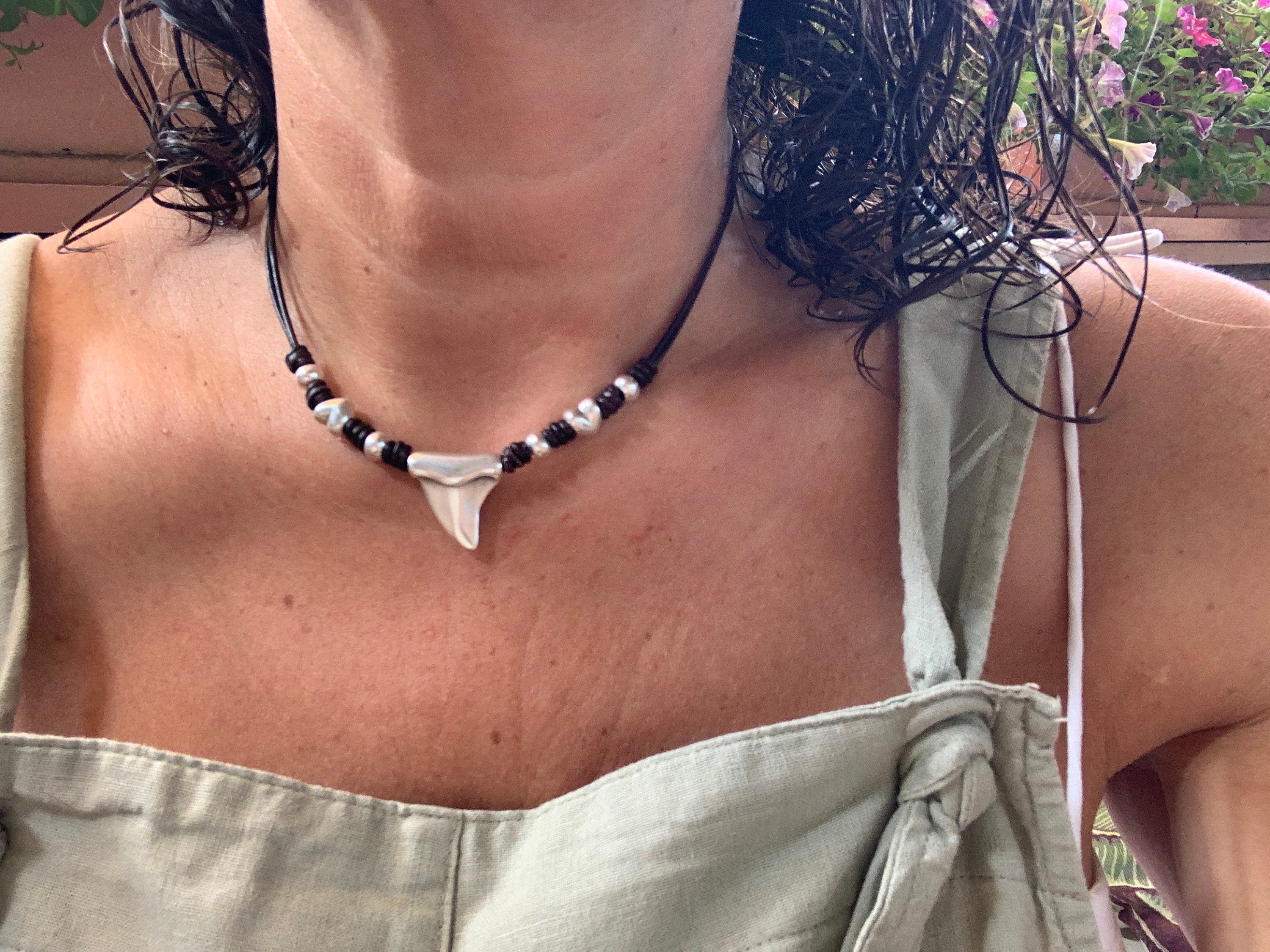 Bohemian leather necklace, pendant necklace, shark tooth necklace, silver beaded necklace, tribal necklace, summertime necklace,