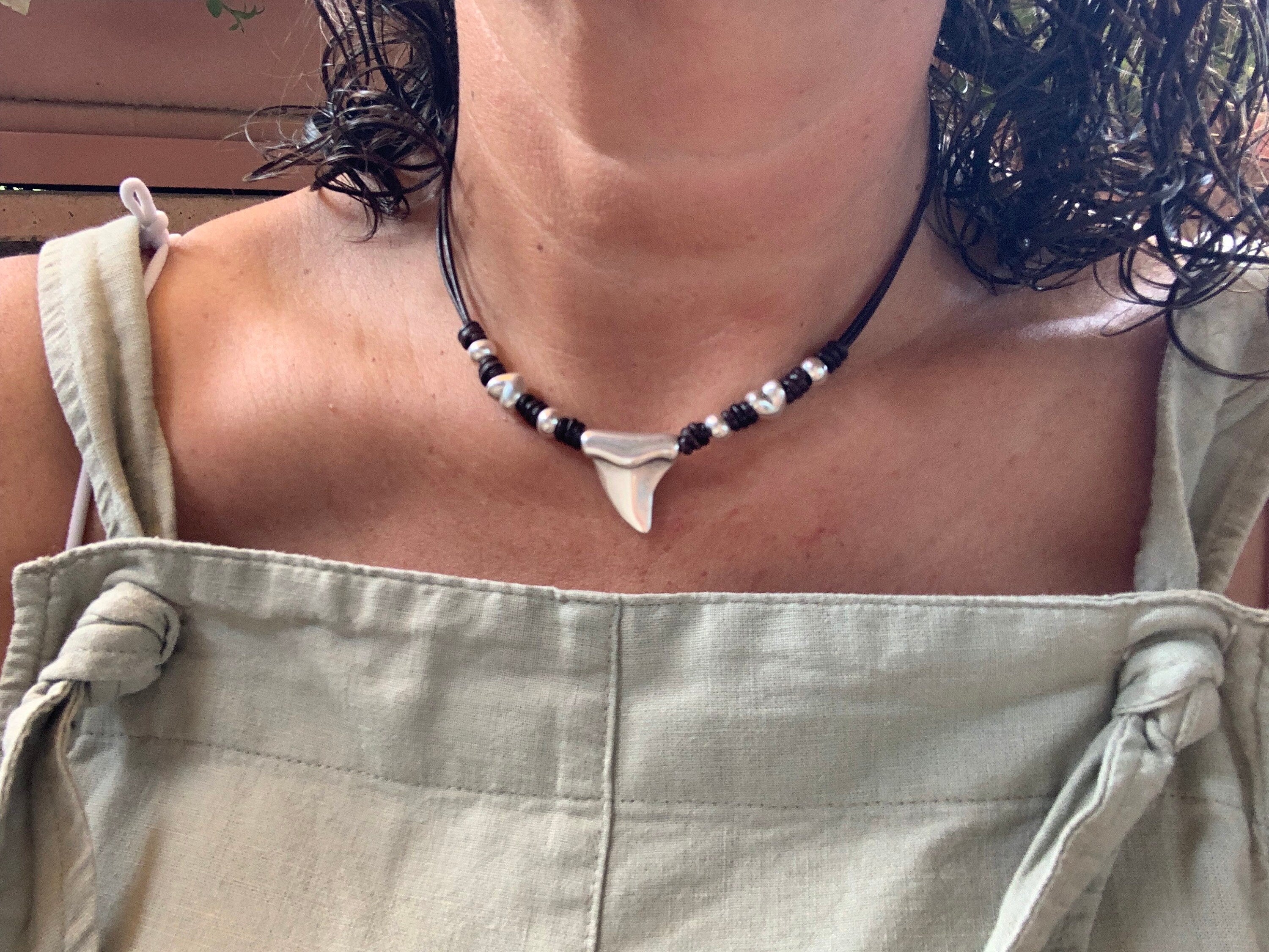 Bohemian leather necklace, pendant necklace, shark tooth necklace, silver beaded necklace, tribal necklace, summertime necklace,