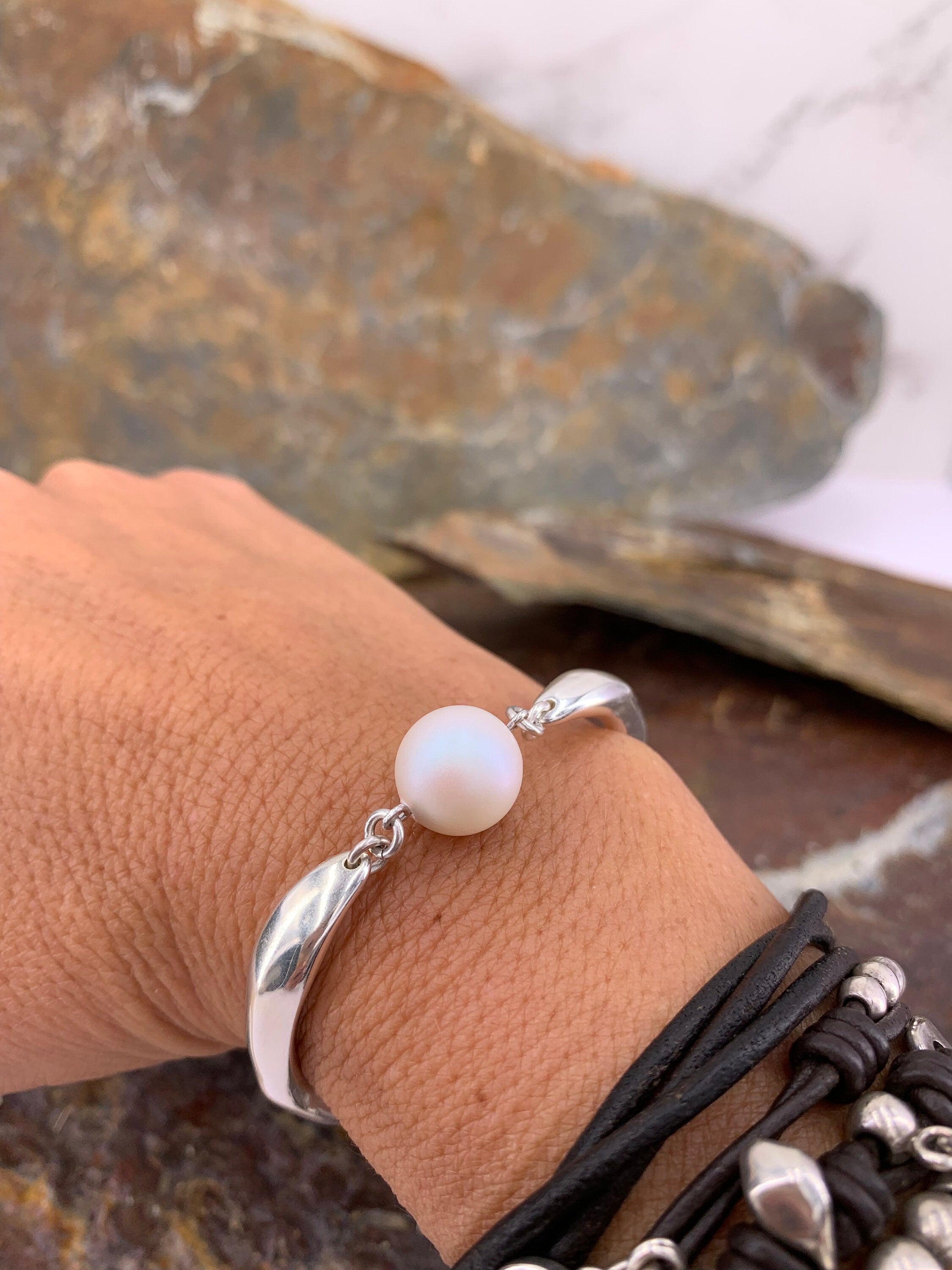 Chunky chain half cuff silver bracelet with crystal pearl, silver bracelet, statement bracelet,  style, pearl bracelet, bold bracel