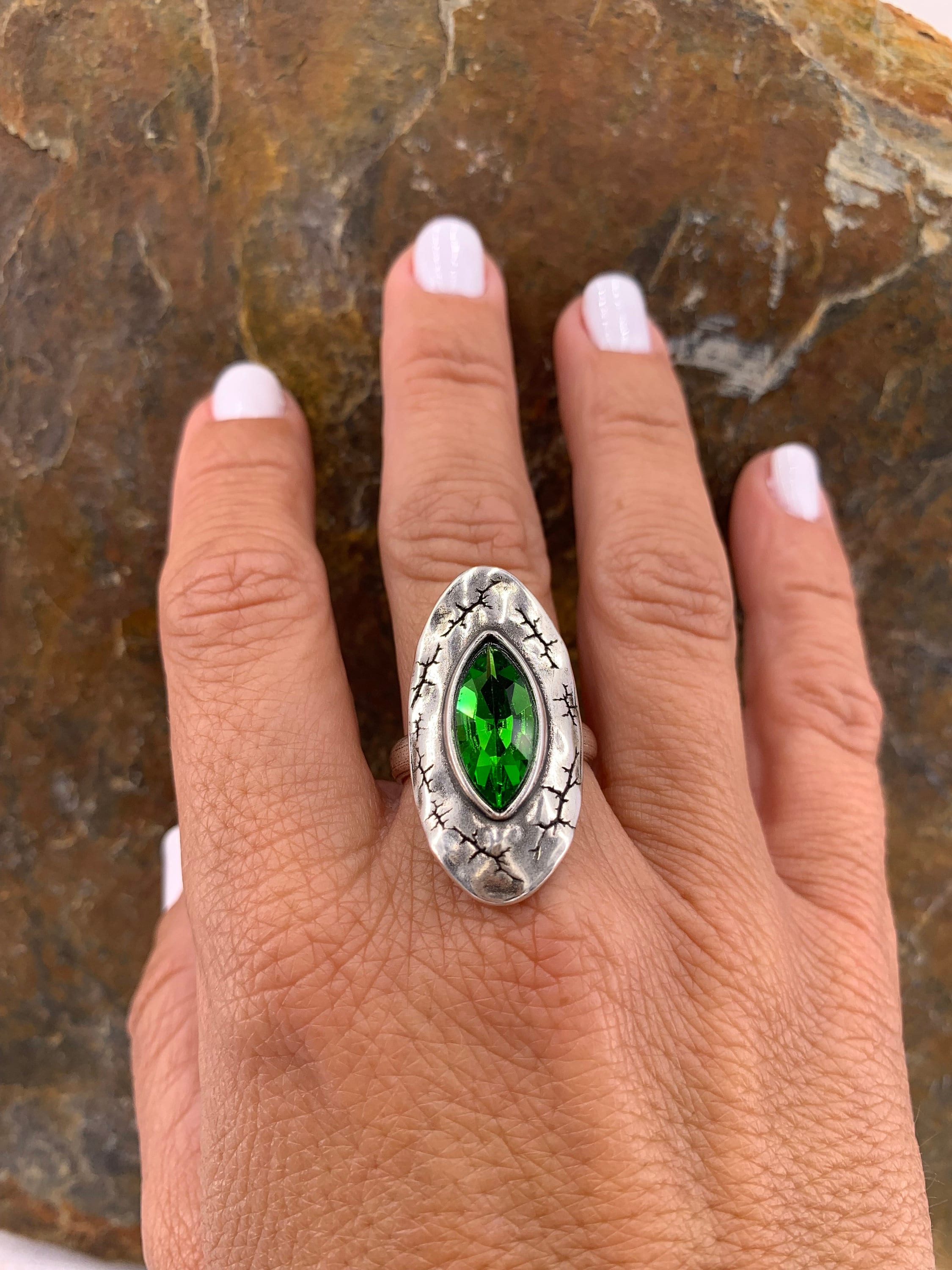 chunky silver crystal ring, statement Swarovsky ring, green crystal ring, oversize ring, wide ring, bold silver ring,  stye, gift