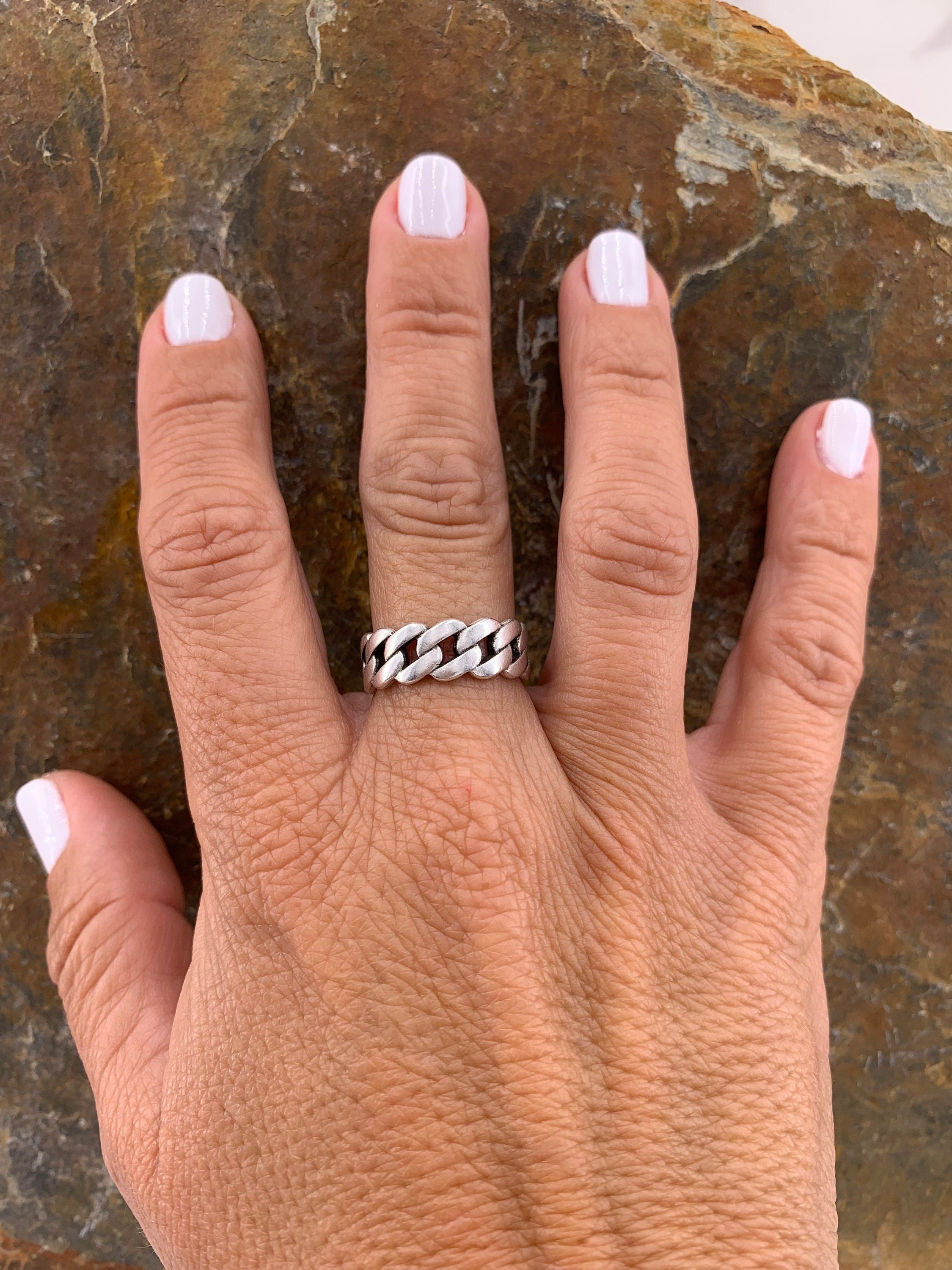 Chunky silver ring, chain design ring, silver boho ring, chain ring, open chain ring, flat chain ring, engraved ring,  ring