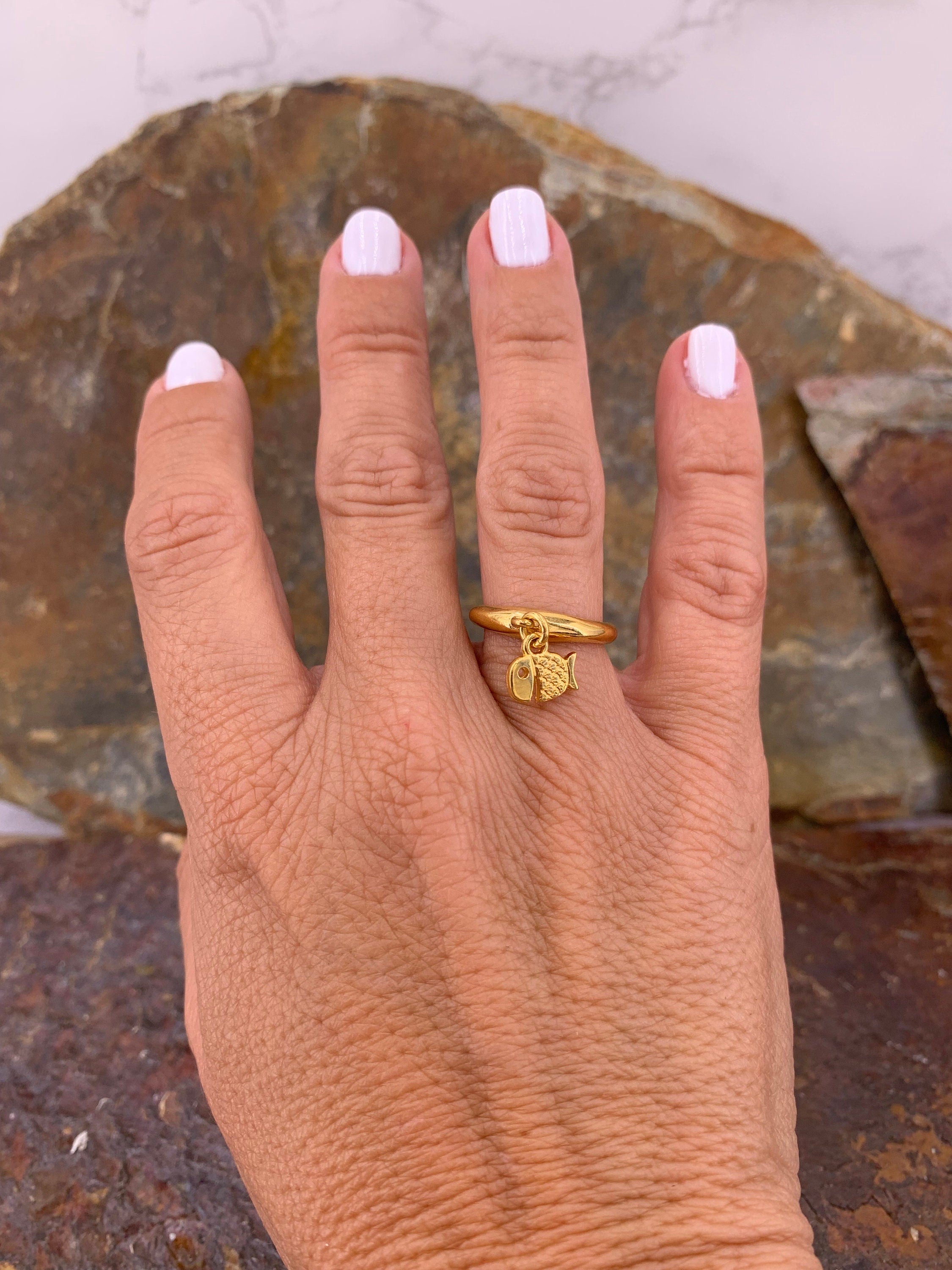 Pampille ring, ring with charm, Pendant ring, boho fish ring, boho gold ring, fish ring, statement ring, bohemian ring,  style