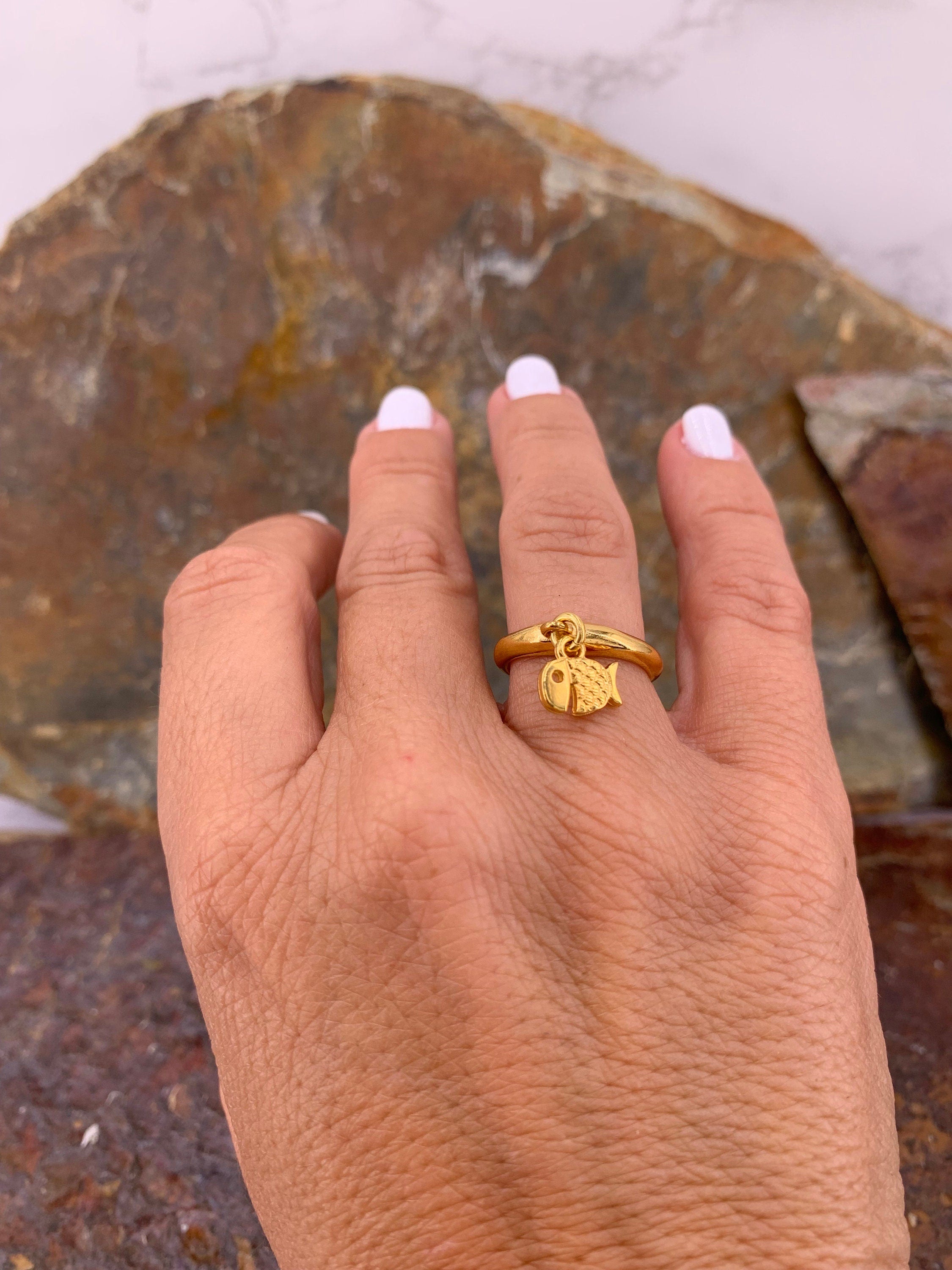 Pampille ring, ring with charm, Pendant ring, boho fish ring, boho gold ring, fish ring, statement ring, bohemian ring,  style