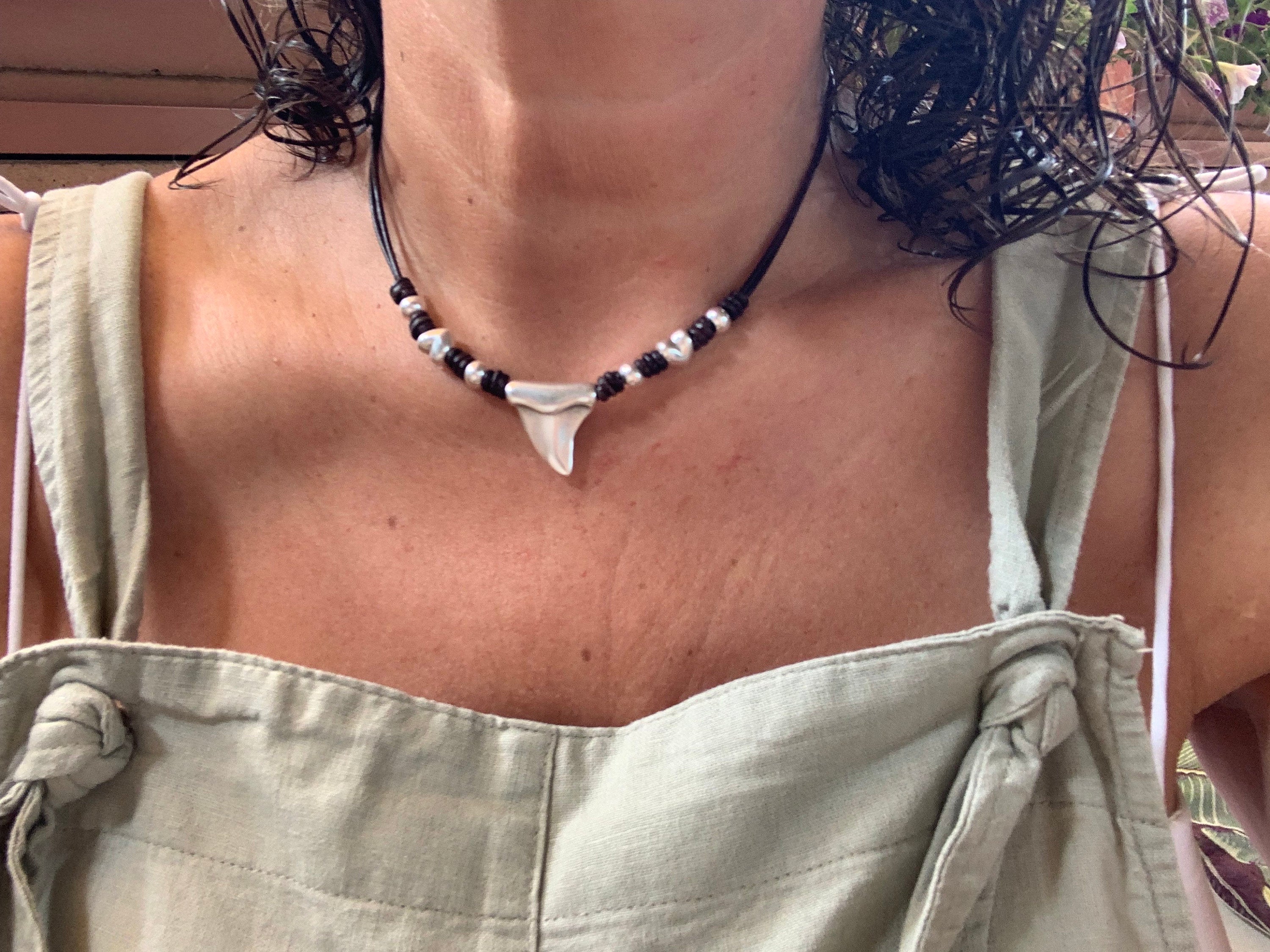 Bohemian leather necklace, pendant necklace, shark tooth necklace, silver beaded necklace, tribal necklace, summertime necklace,