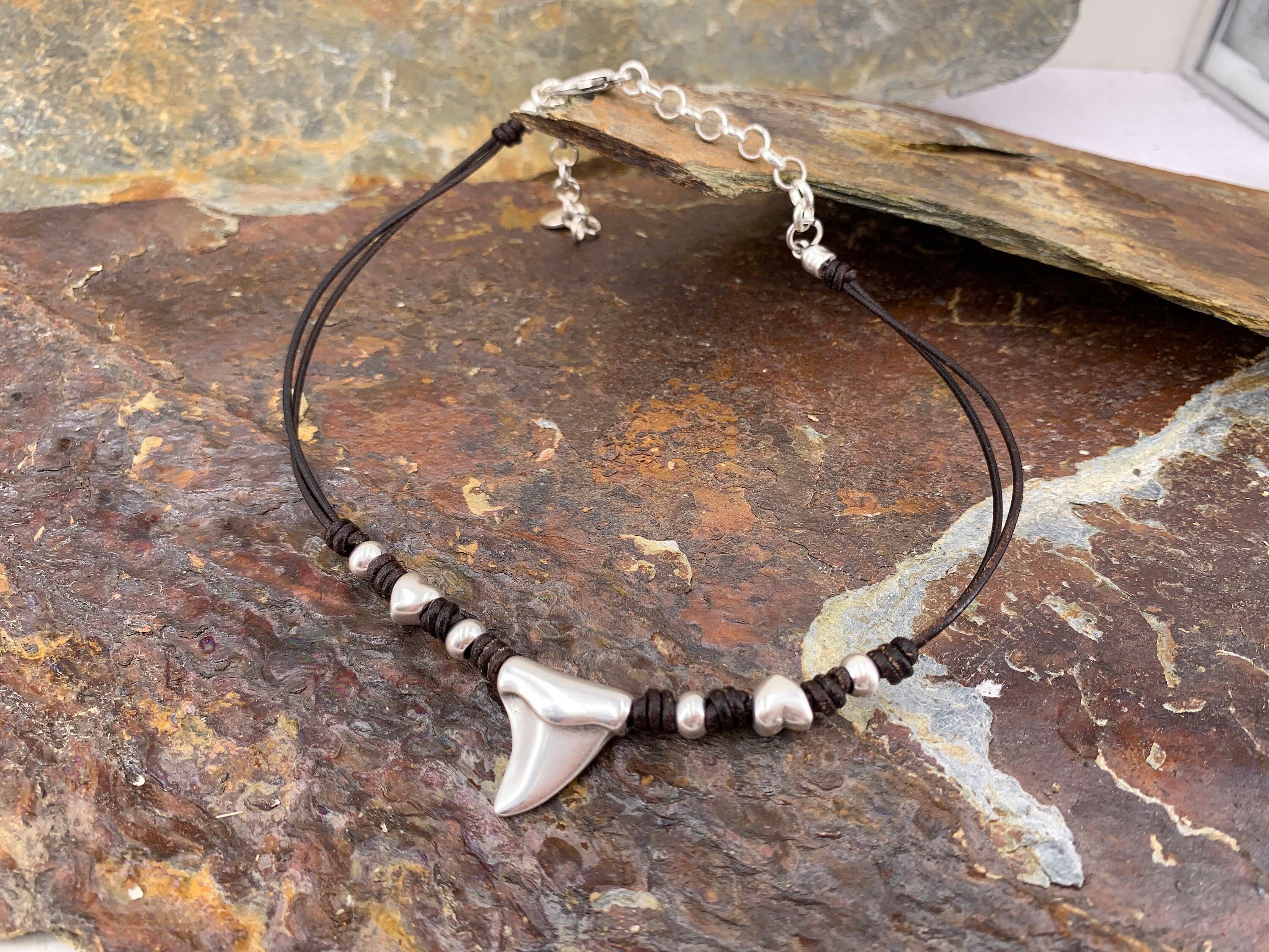 Bohemian leather necklace, pendant necklace, shark tooth necklace, silver beaded necklace, tribal necklace, summertime necklace,