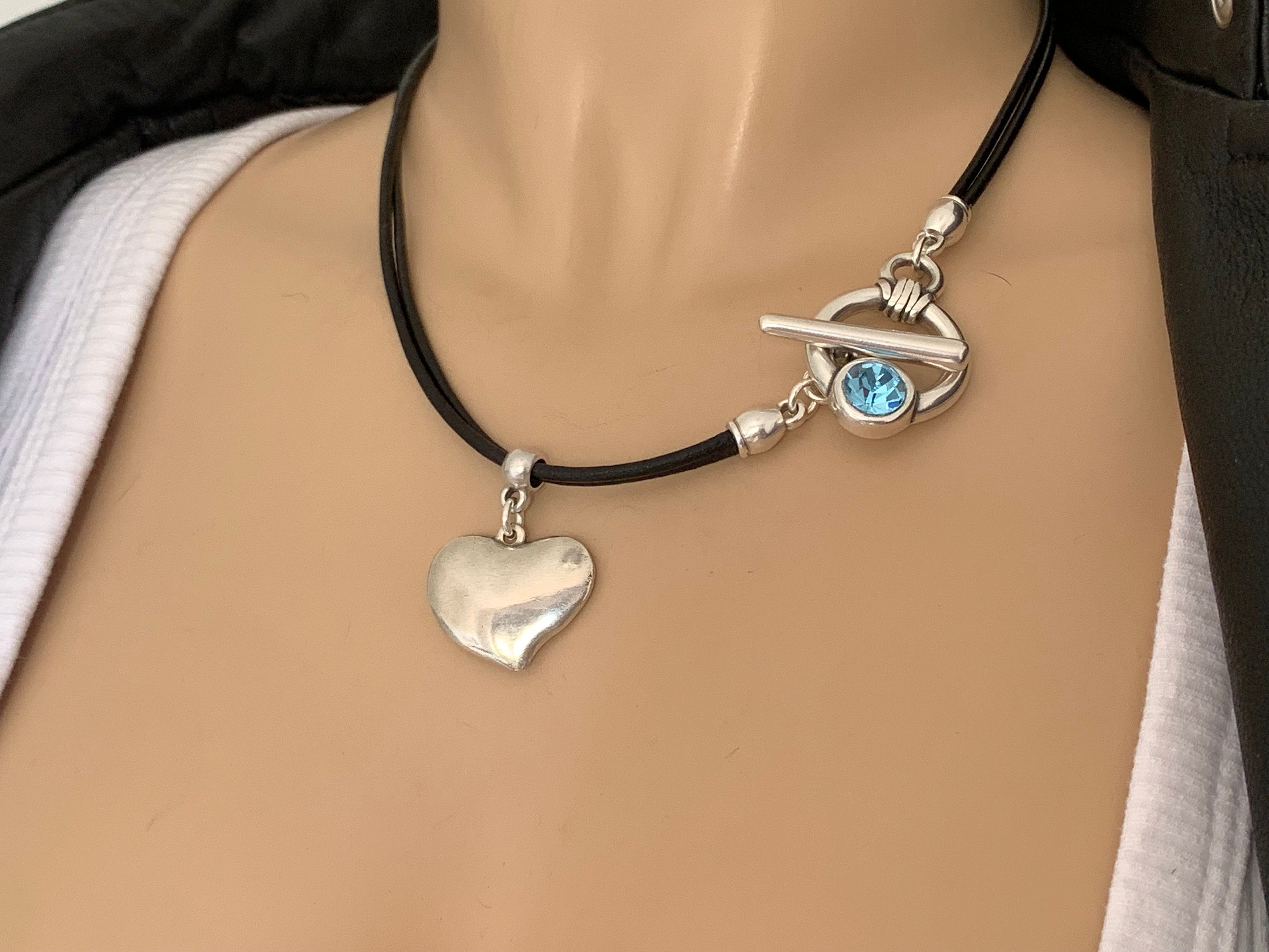 boho leather necklace, heart pendant choker, Swarovski toggle clasp leather necklace, statement choker,  style, bohemian jewelry