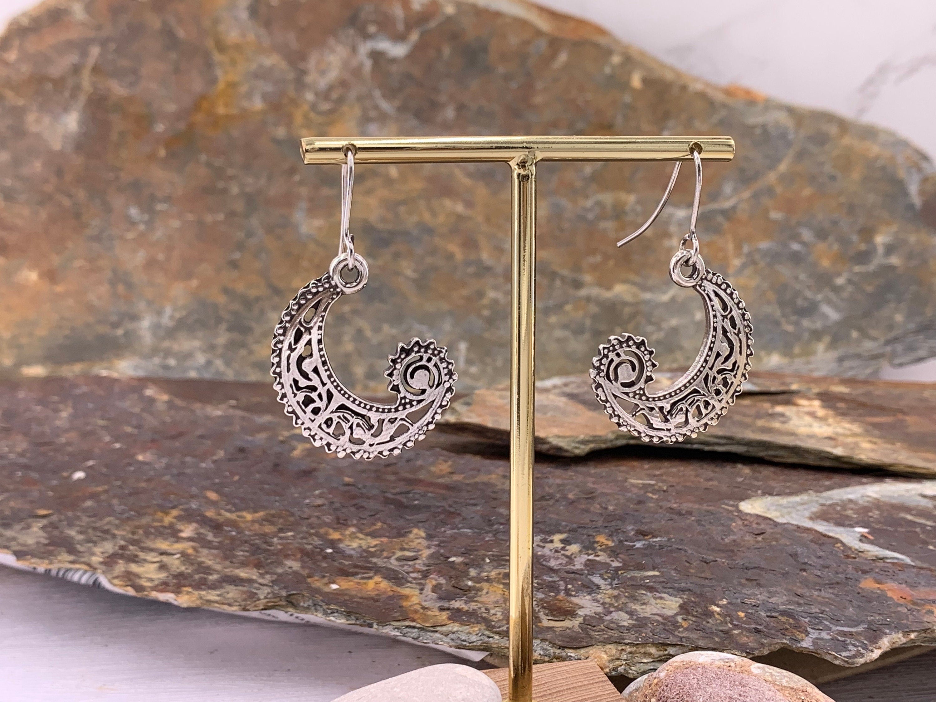 carved silver earrings, half moon earrings, dangle earrings, ethnic tribal boho earrings, hippie earrings, dropped earring, long earrings