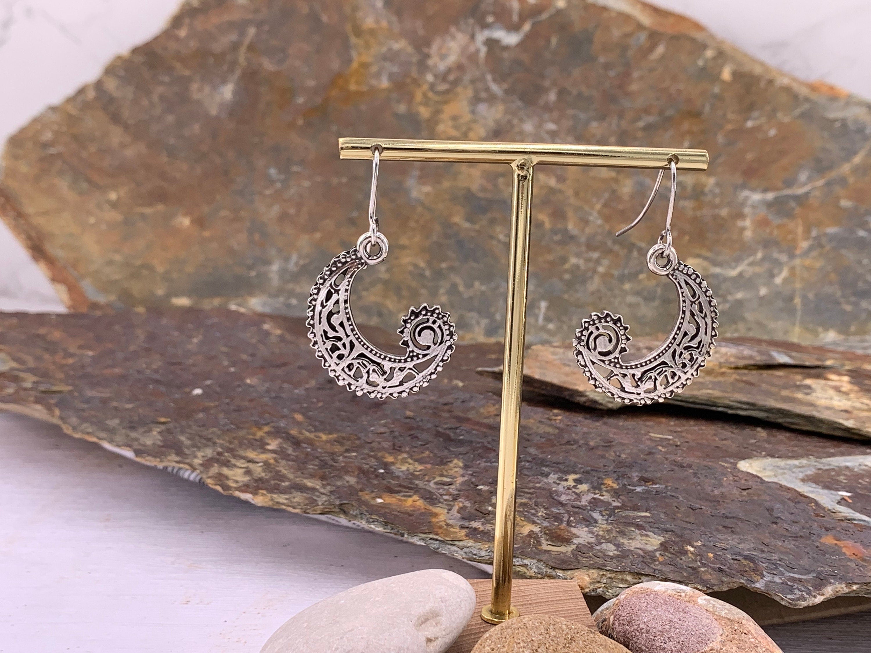 carved silver earrings, half moon earrings, dangle earrings, ethnic tribal boho earrings, hippie earrings, dropped earring, long earrings