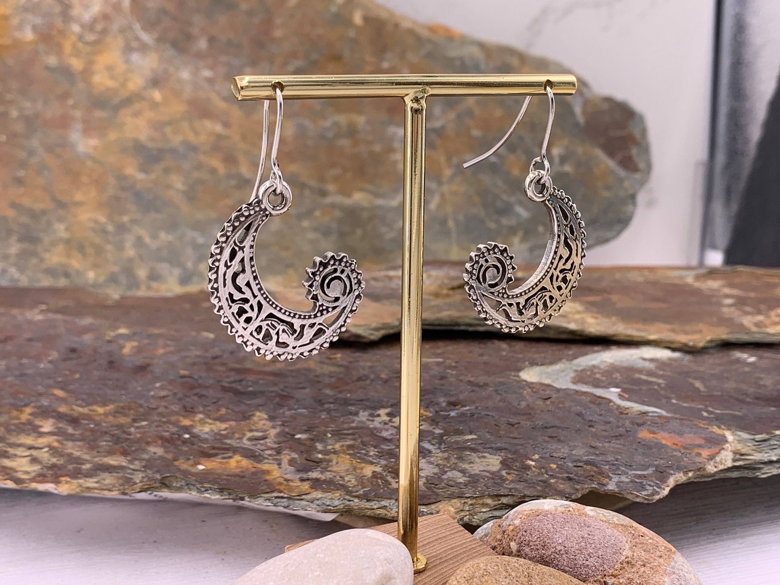 carved silver earrings, half moon earrings, dangle earrings, ethnic tribal boho earrings, hippie earrings, dropped earring, long earrings