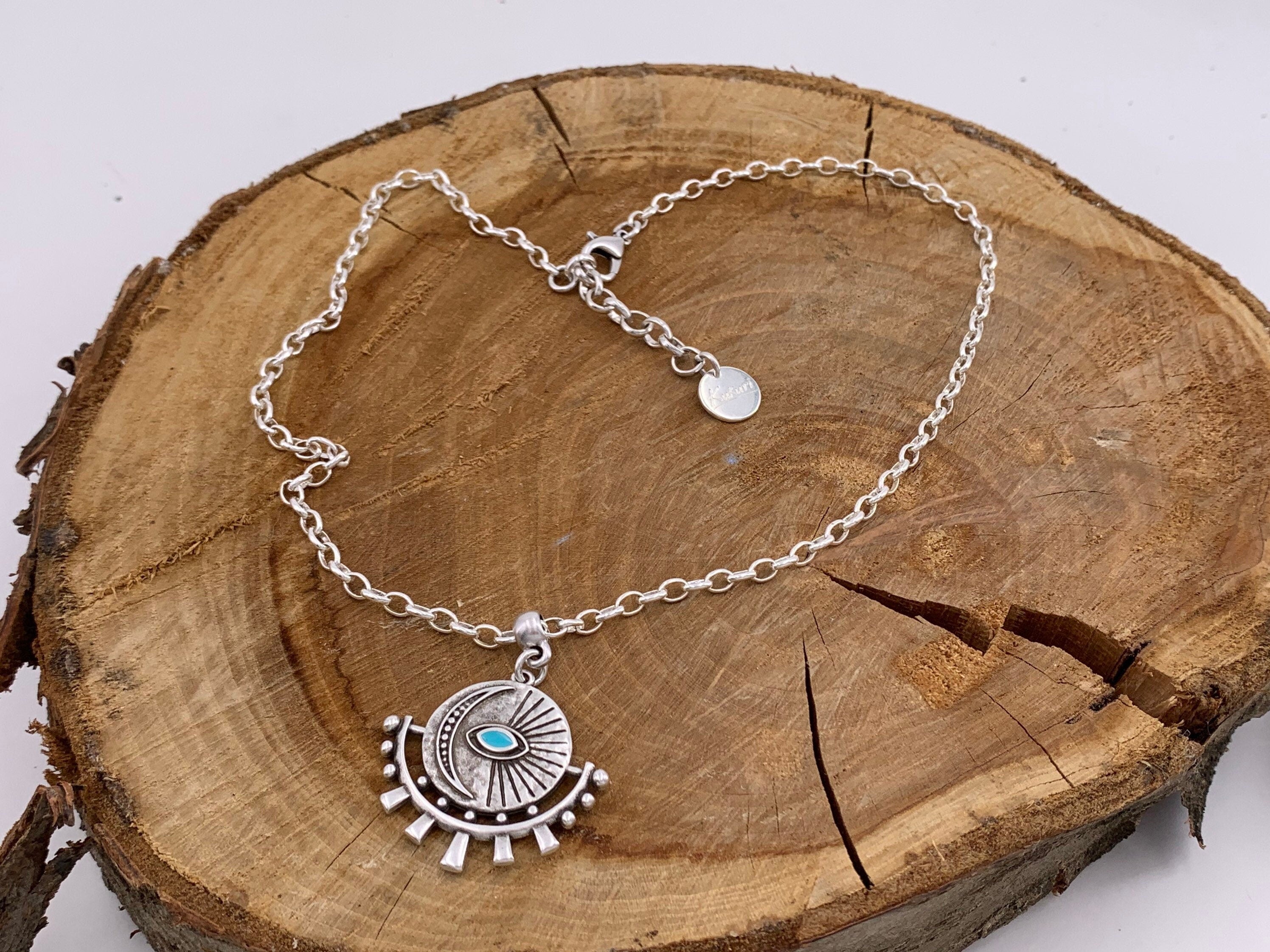 Boho Silver chain necklace for women, protecting eye pendant necklace, tribal necklace, bohemian jewelry, silver chain,  ,