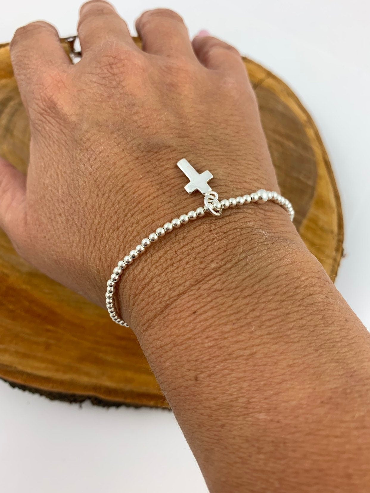 Boho silver beads bracelet, 925 sterling silver bracelet, bohemian jewelry, cross silver bracelet,  midi beaded bracelet, Uno de 50 style