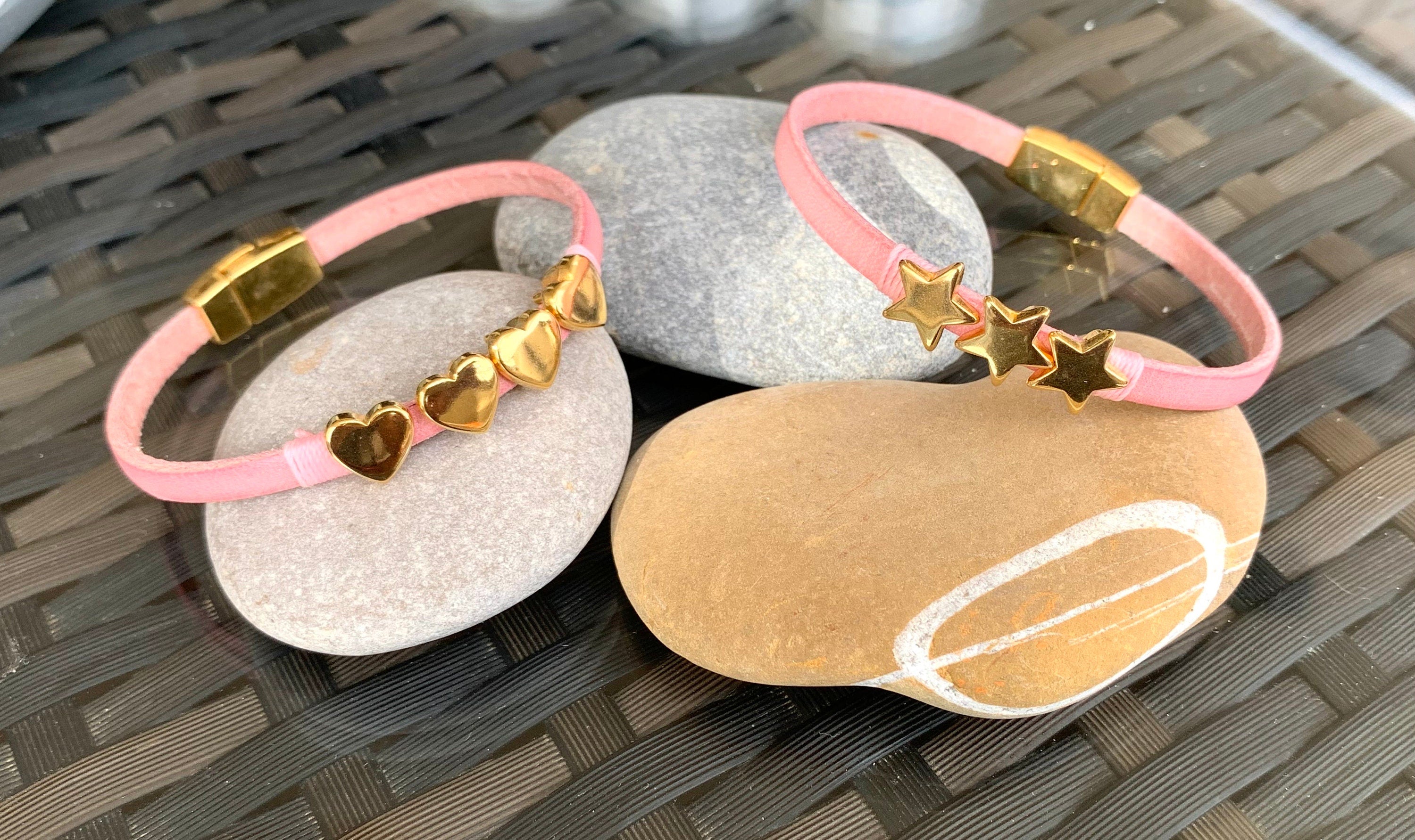 Barbie style leather bracelet, pink bracelet, gold jewelry, flat leather bracelet, fine bracelet, charm bracelet, boho jewelry,