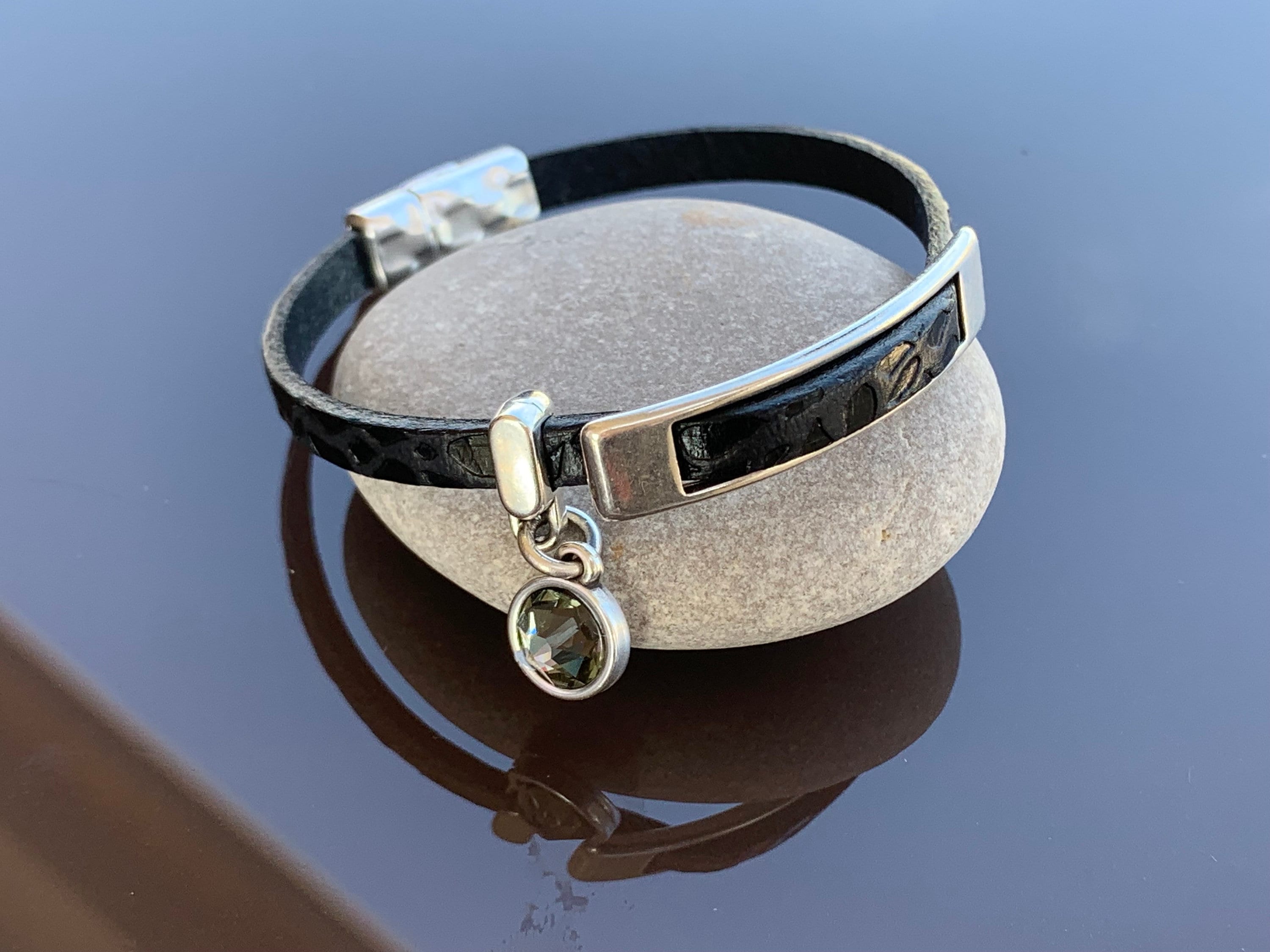 Boho leather bracelet, silver bracelet, leather jewelry, flat leather bracelet, fine bracelet, charm bracelet, boho jewelry, leather bangle