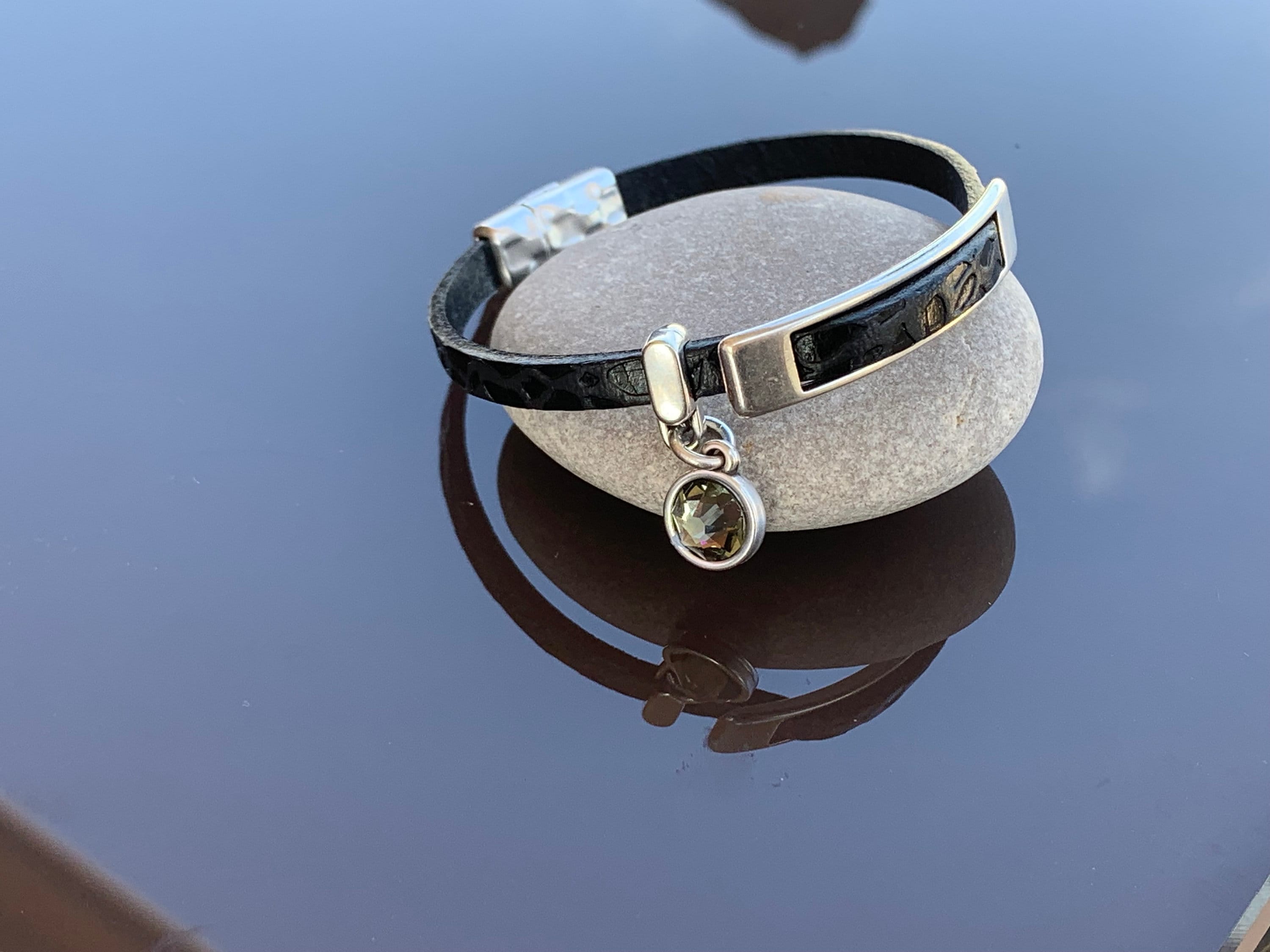 Boho leather bracelet, silver bracelet, leather jewelry, flat leather bracelet, fine bracelet, charm bracelet, boho jewelry, leather bangle