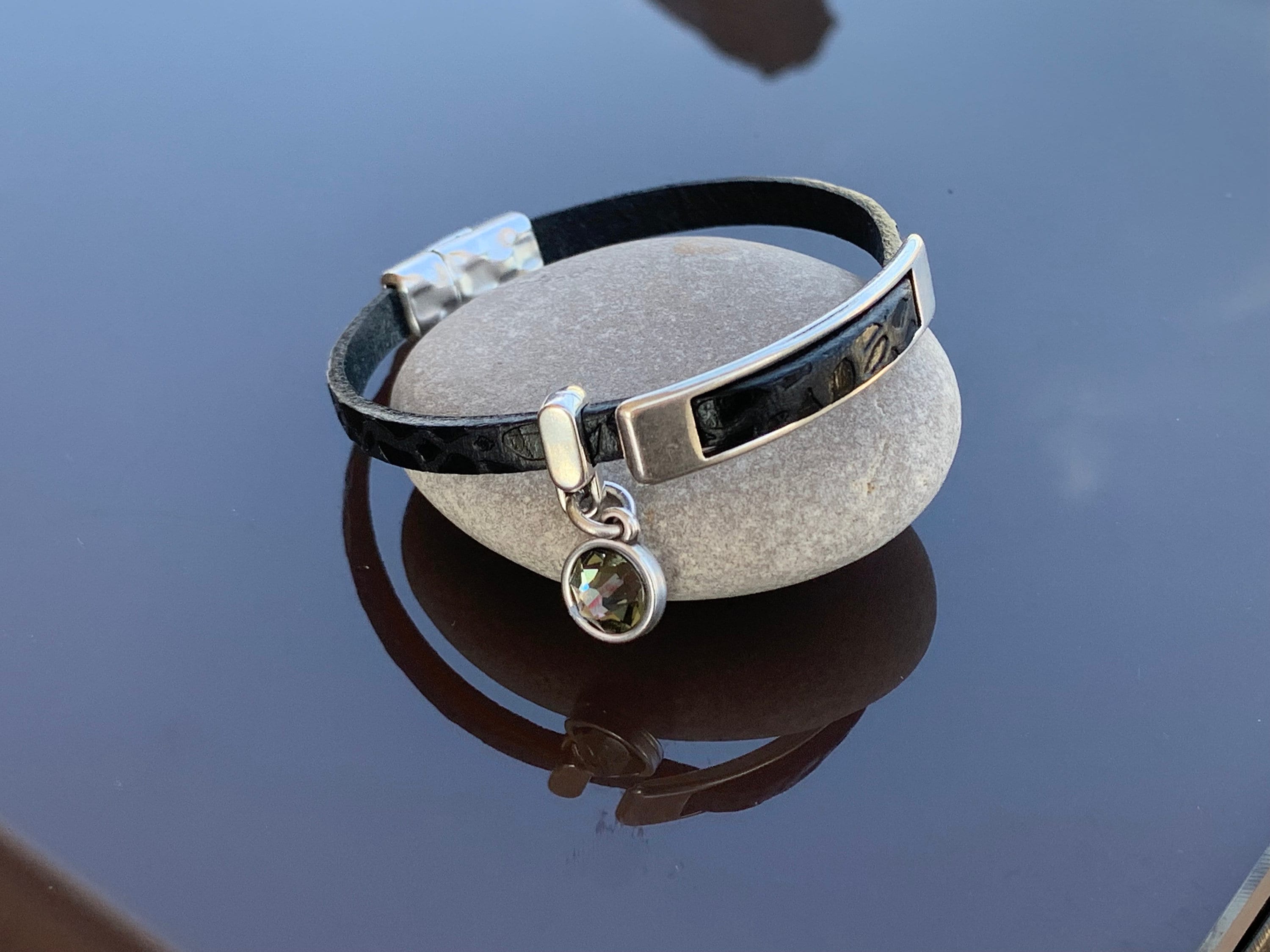 Boho leather bracelet, silver bracelet, leather jewelry, flat leather bracelet, fine bracelet, charm bracelet, boho jewelry, leather bangle