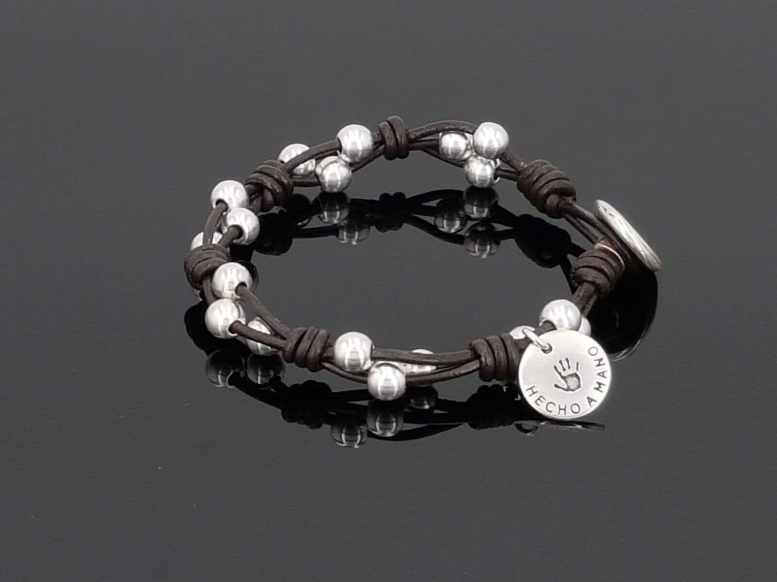 Pulsera de cuentas de plata de cuero para mujer, pulsera de cuero boho, pulsera de cuentas de plata, pulsera de cuero tribal, regalo para ella