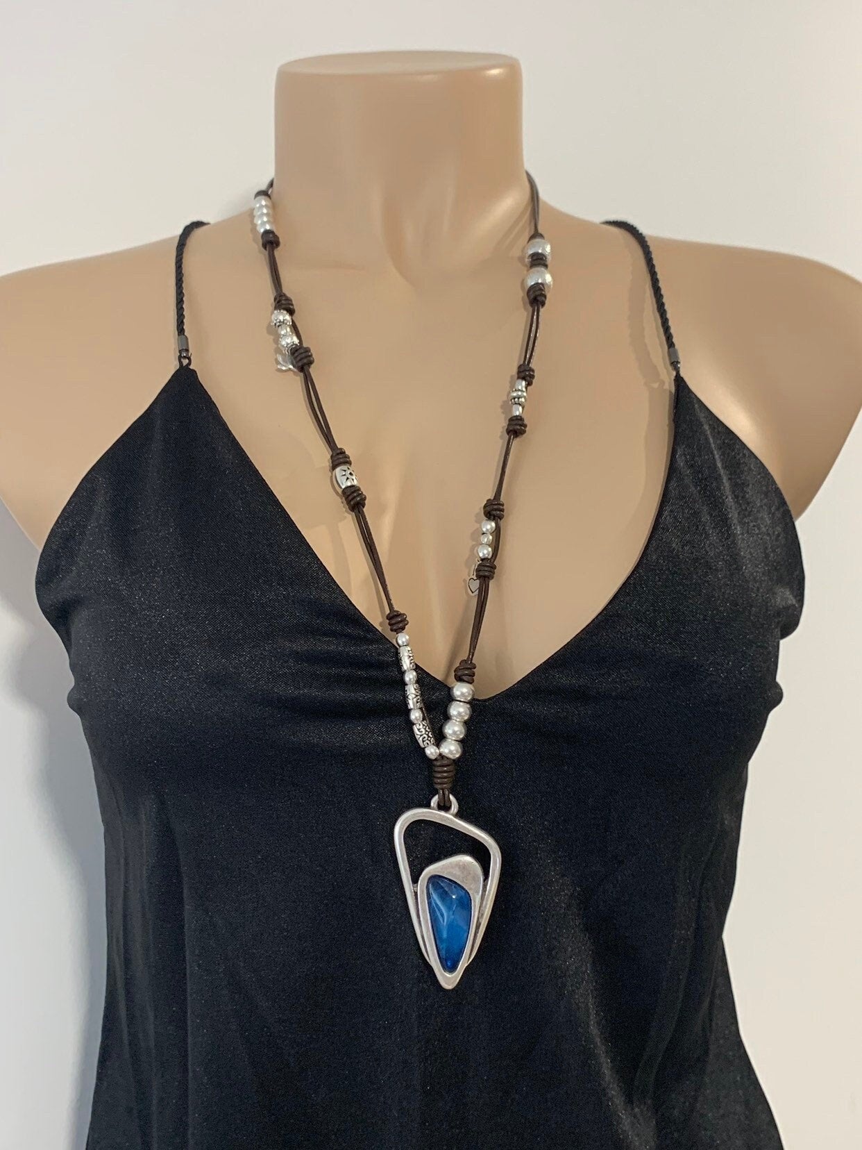 Boho long leather necklace, leather beaded necklace,  tribal necklace, silver statement blue pendant necklace,  style