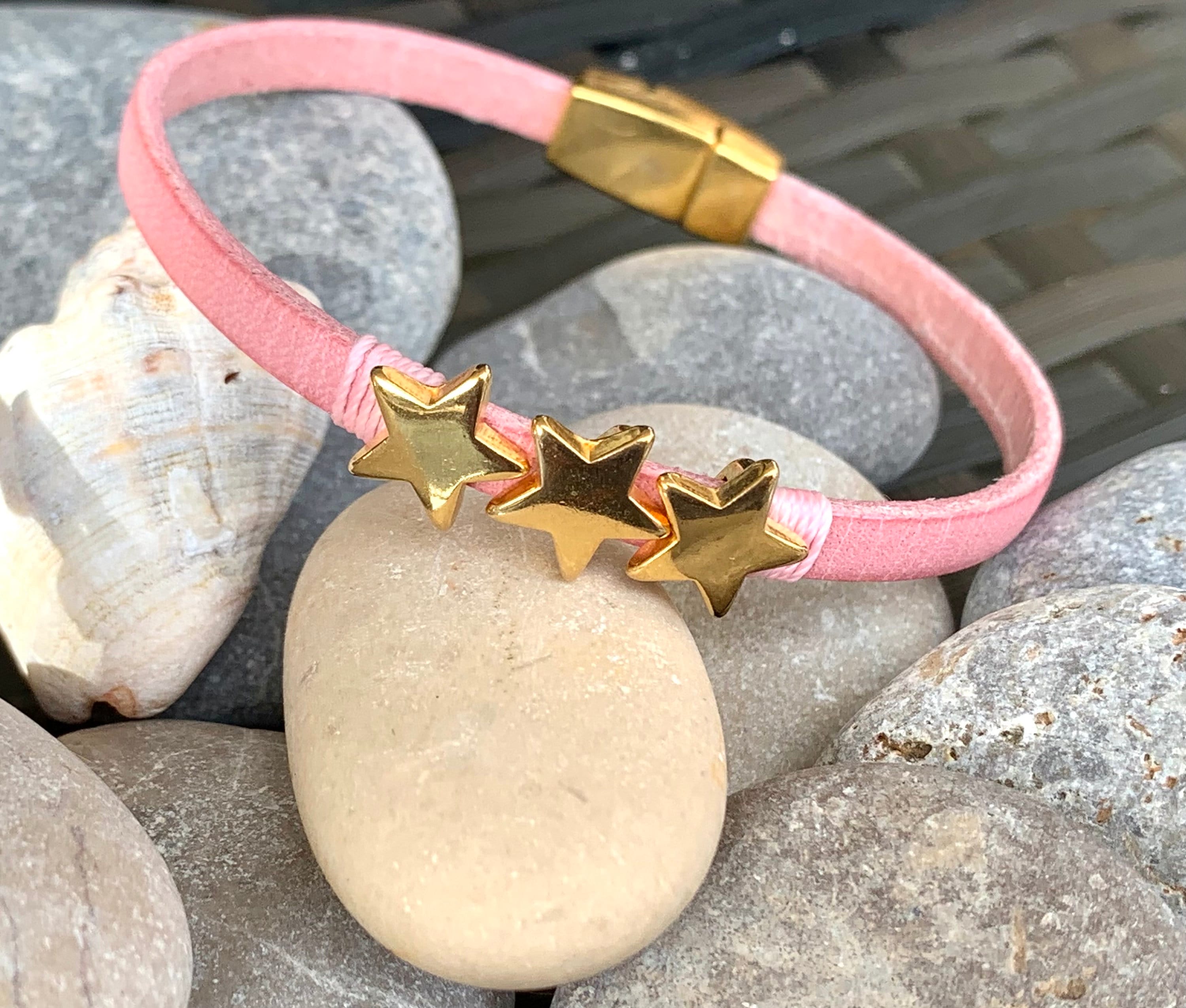 Barbie style leather bracelet, pink bracelet, gold jewelry, flat leather bracelet, fine bracelet, charm bracelet, boho jewelry,