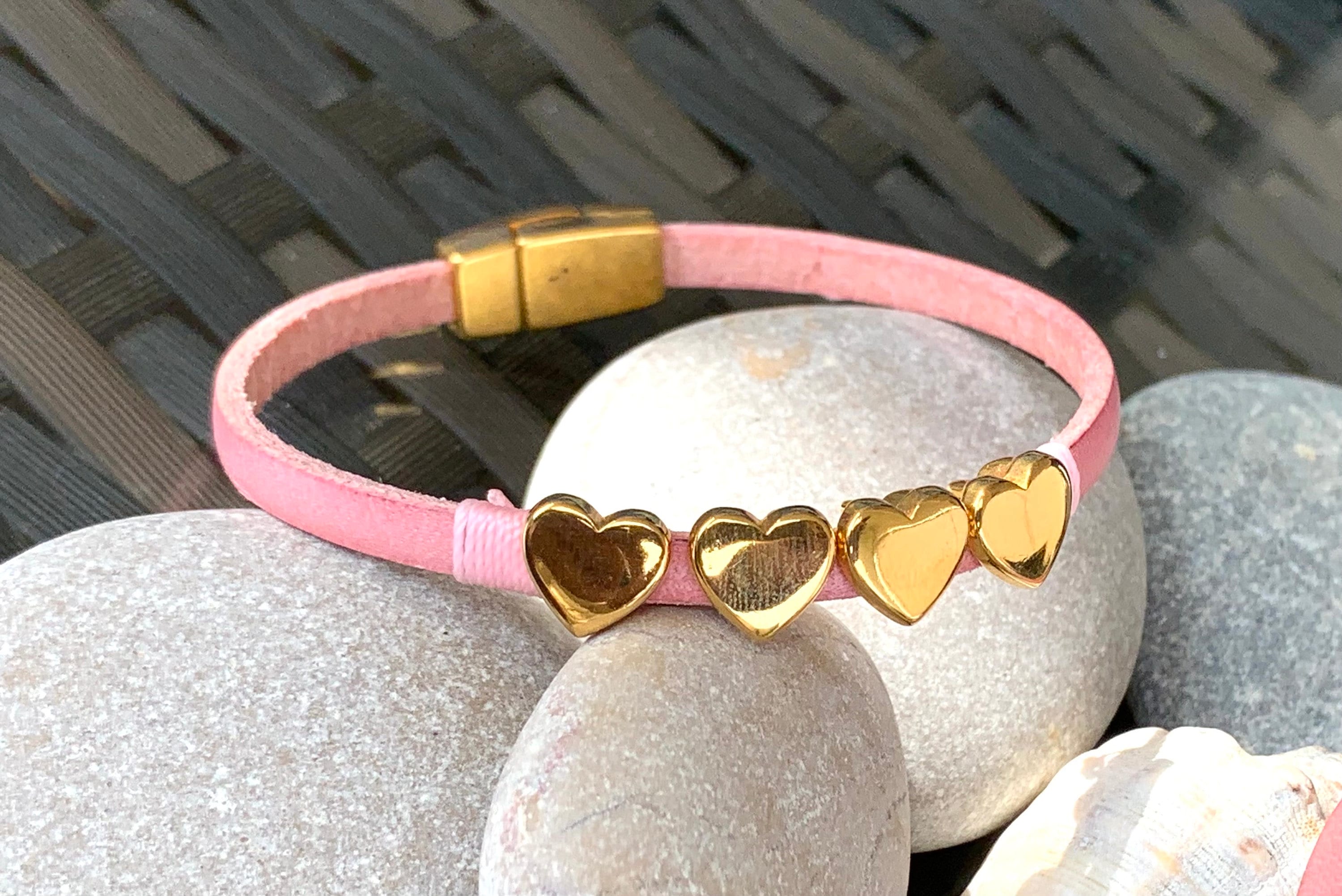 Barbie style leather bracelet, pink bracelet, gold jewelry, flat leather bracelet, fine bracelet, charm bracelet, boho jewelry,