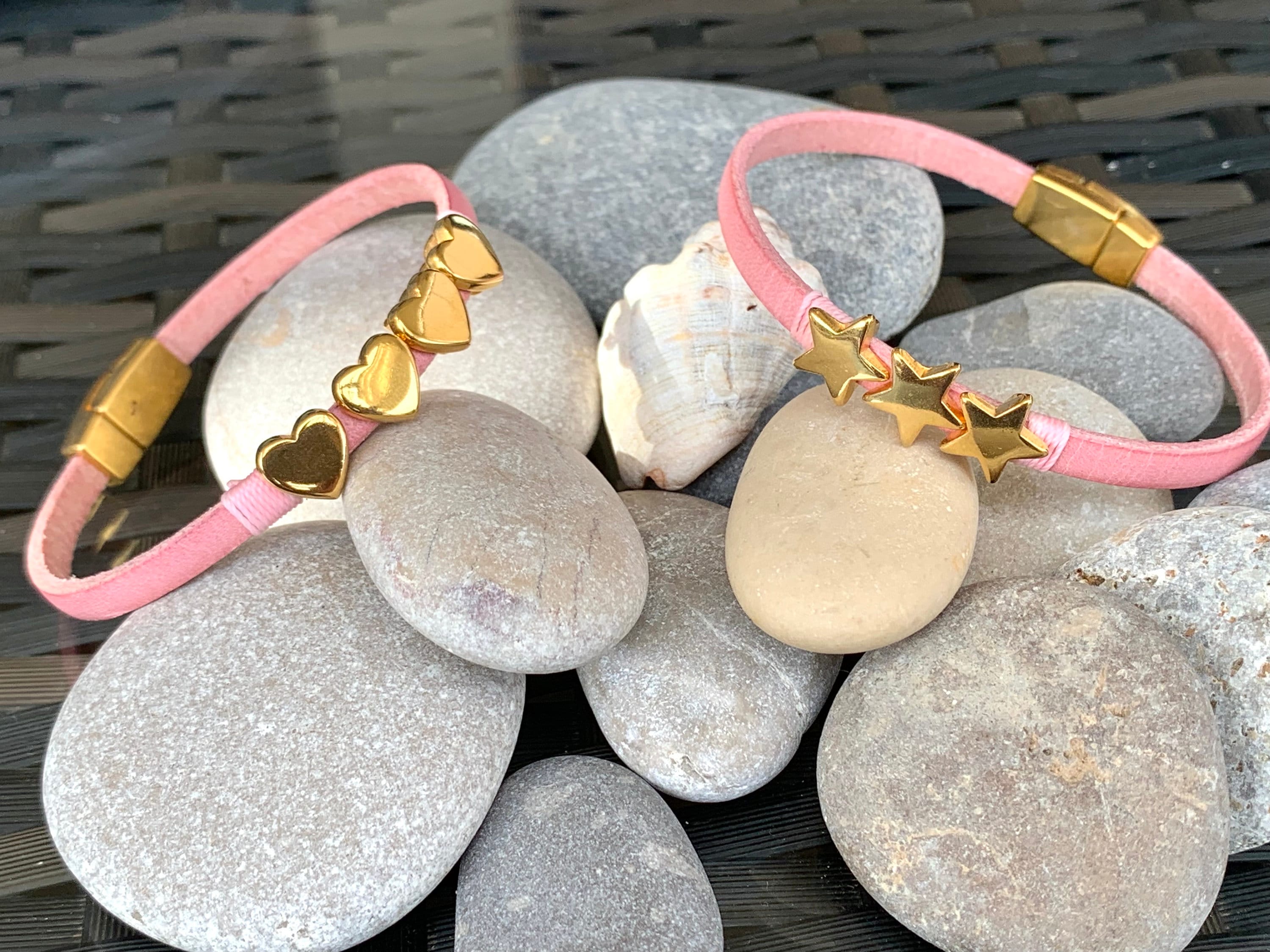 Barbie style leather bracelet, pink bracelet, gold jewelry, flat leather bracelet, fine bracelet, charm bracelet, boho jewelry,