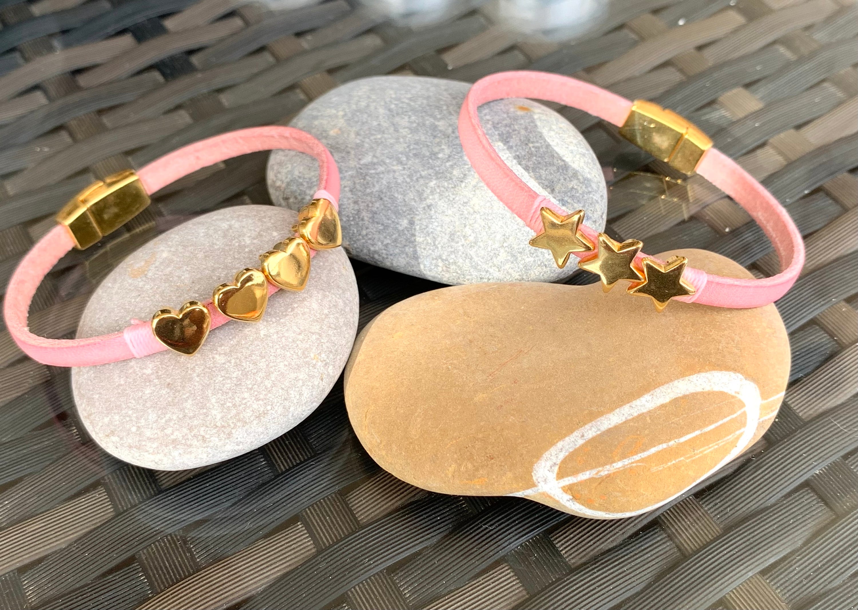 Barbie style leather bracelet, pink bracelet, gold jewelry, flat leather bracelet, fine bracelet, charm bracelet, boho jewelry,