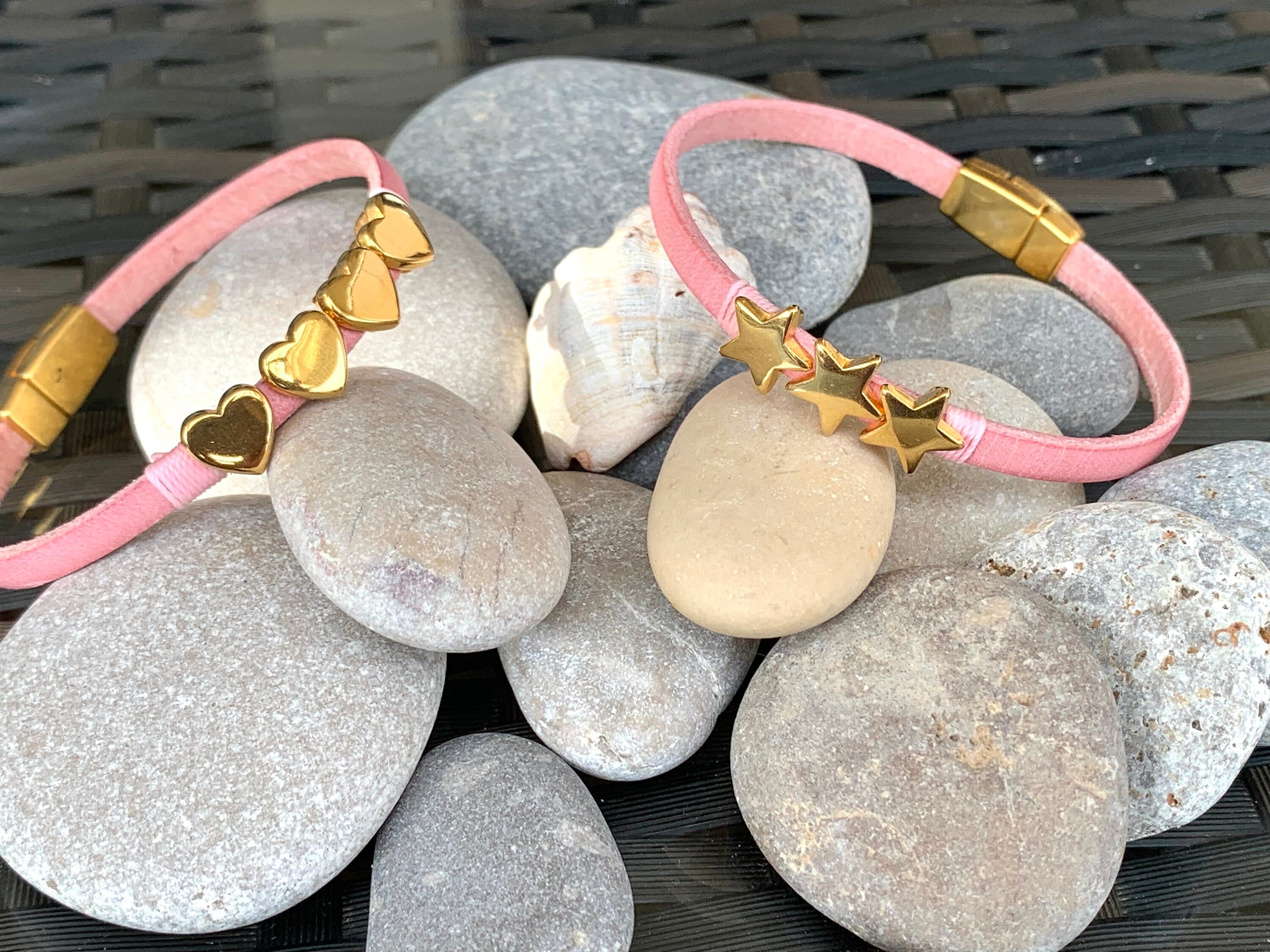 Barbie style leather bracelet, pink bracelet, gold jewelry, flat leather bracelet, fine bracelet, charm bracelet, boho jewelry,