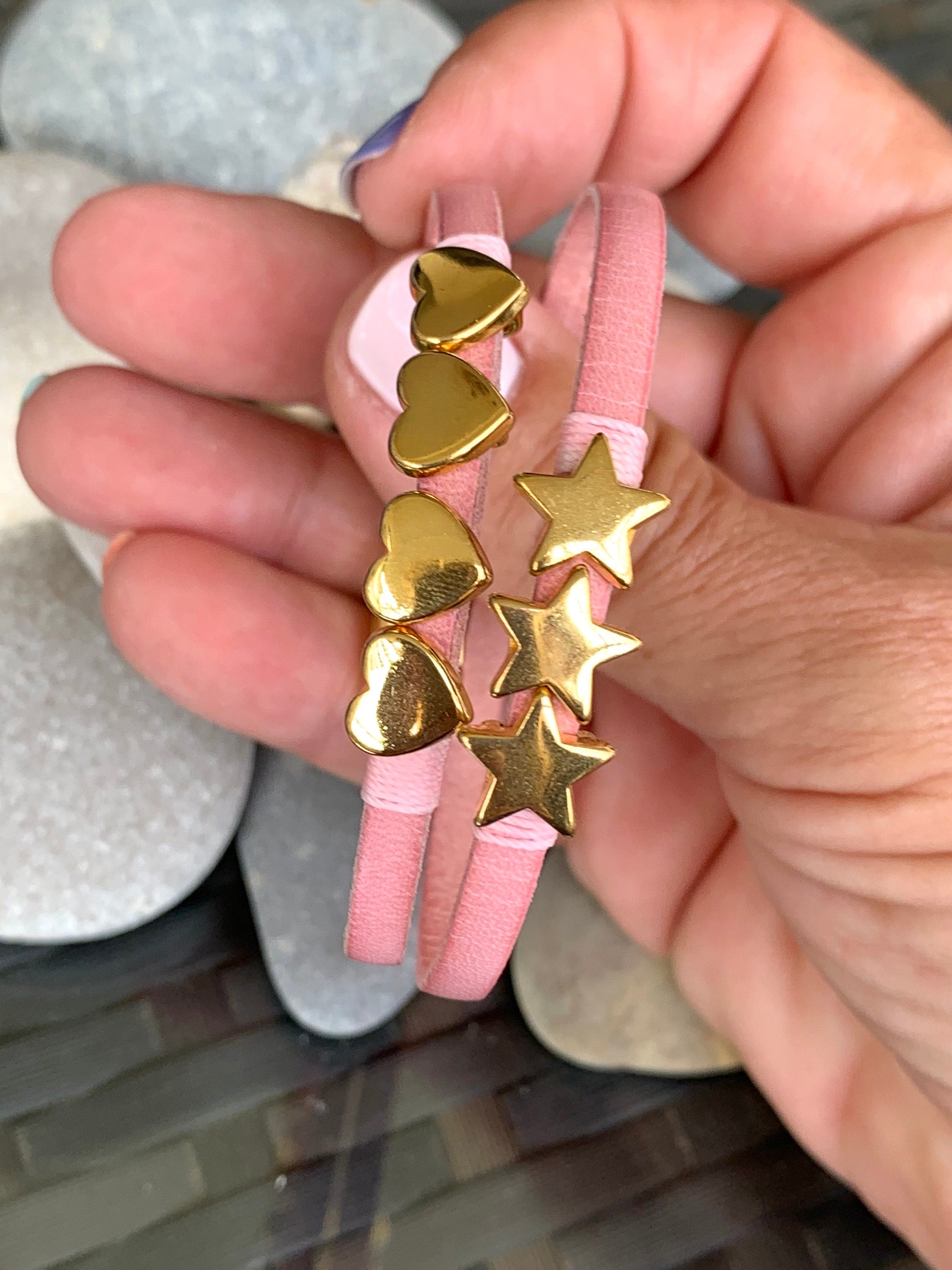 Barbie style leather bracelet, pink bracelet, gold jewelry, flat leather bracelet, fine bracelet, charm bracelet, boho jewelry,