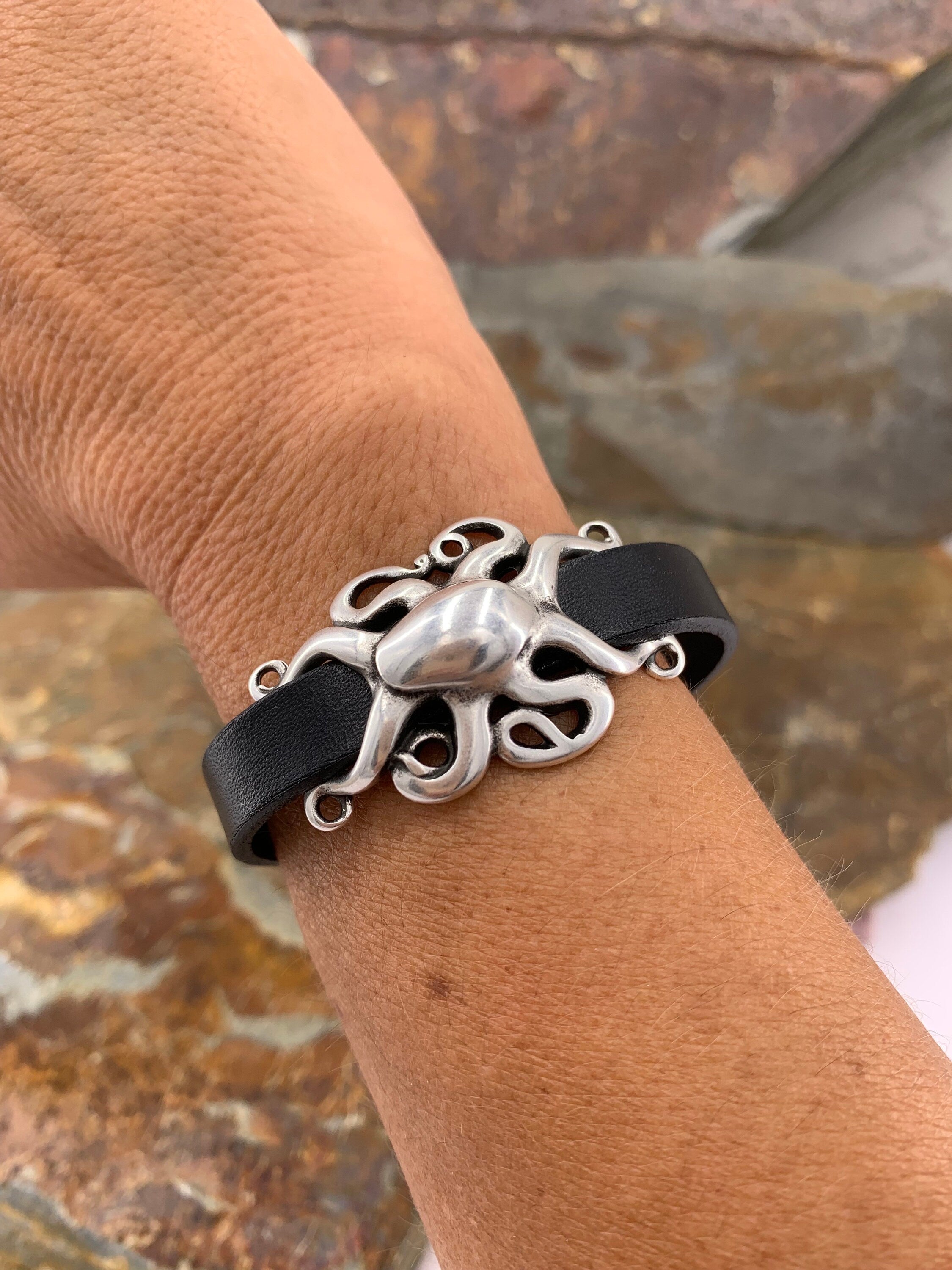 Chunky silver leather bracelet, octopus silver bracelet, silver beads bracelet, surf bracelet, rock bracelet, ,