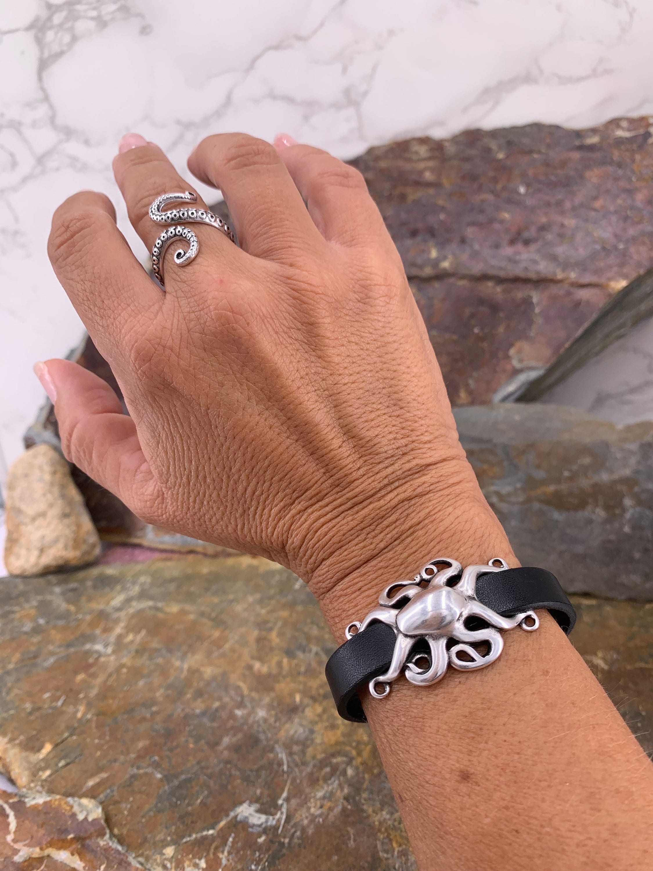 Chunky silver leather bracelet, octopus silver bracelet, silver beads bracelet, surf bracelet, rock bracelet, ,