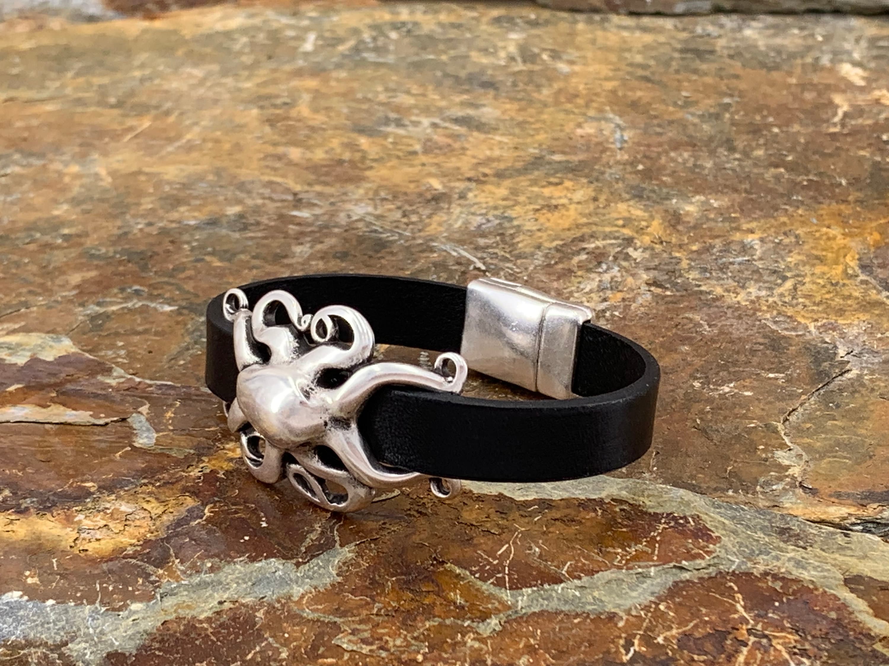 Chunky silver leather bracelet, octopus silver bracelet, silver beads bracelet, surf bracelet, rock bracelet, ,