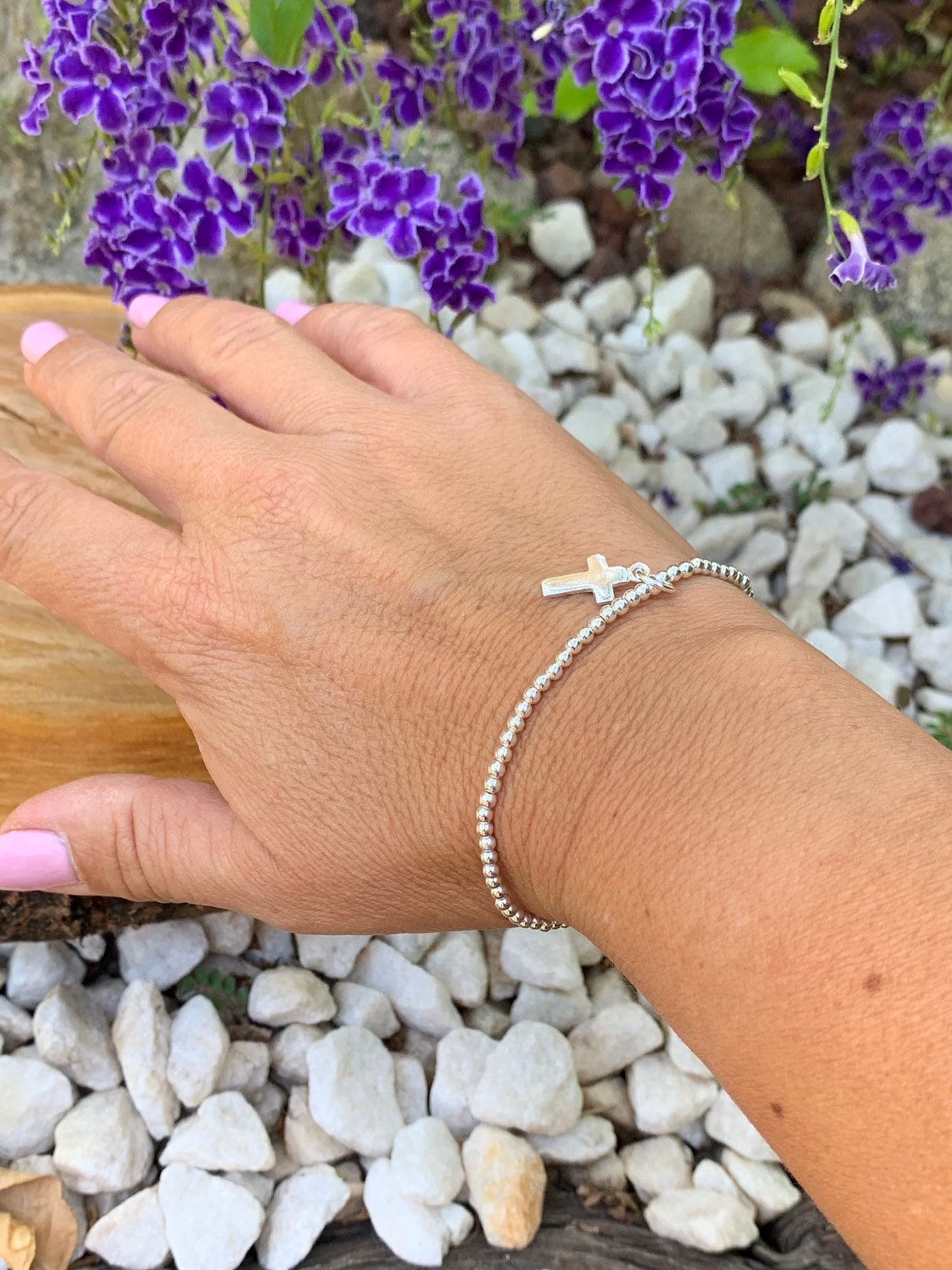 Boho silver beads bracelet, 925 sterling silver bracelet, bohemian jewelry, cross silver bracelet,  midi beaded bracelet, Uno de 50 style